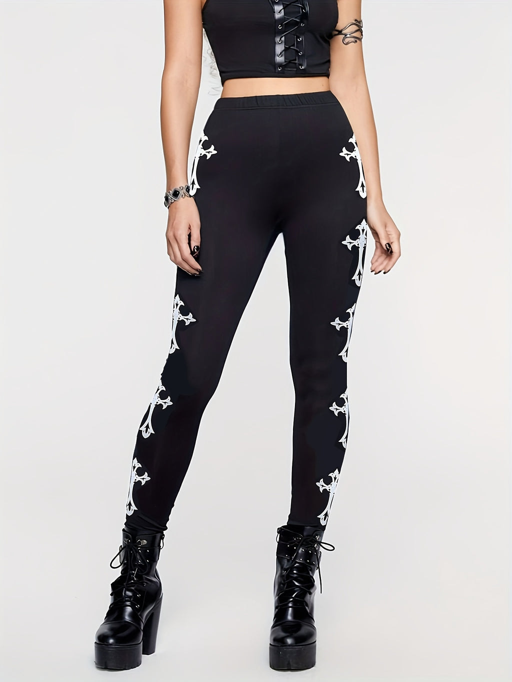 Chic Women's Stretchy Leggings with Unique Cross Print - Comfortable Polyester Blend, Machine Washable - Perfect for All Seasons