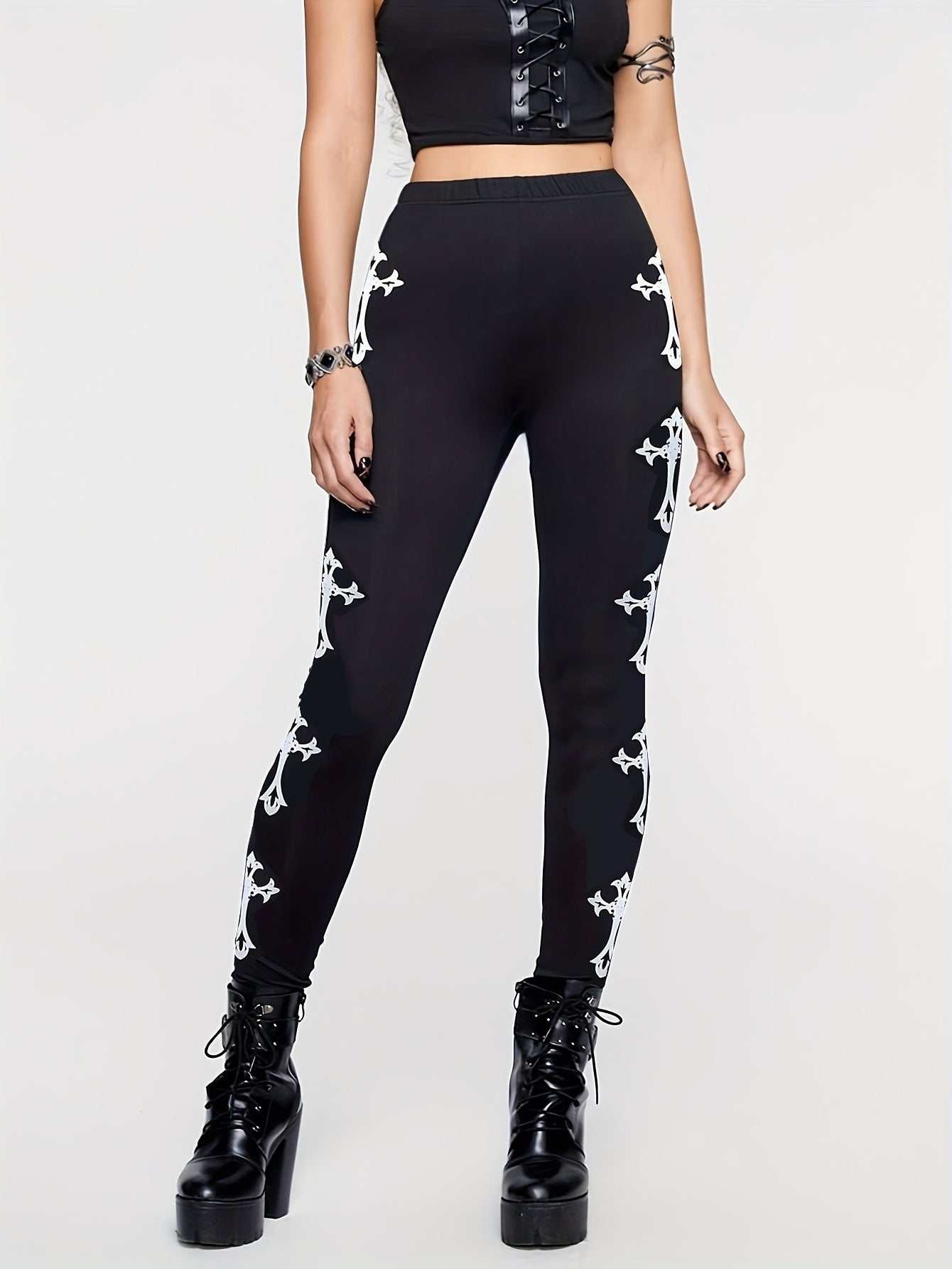 Chic Women's Stretchy Leggings with Unique Cross Print - Comfortable Polyester Blend, Machine Washable - Perfect for All Seasons