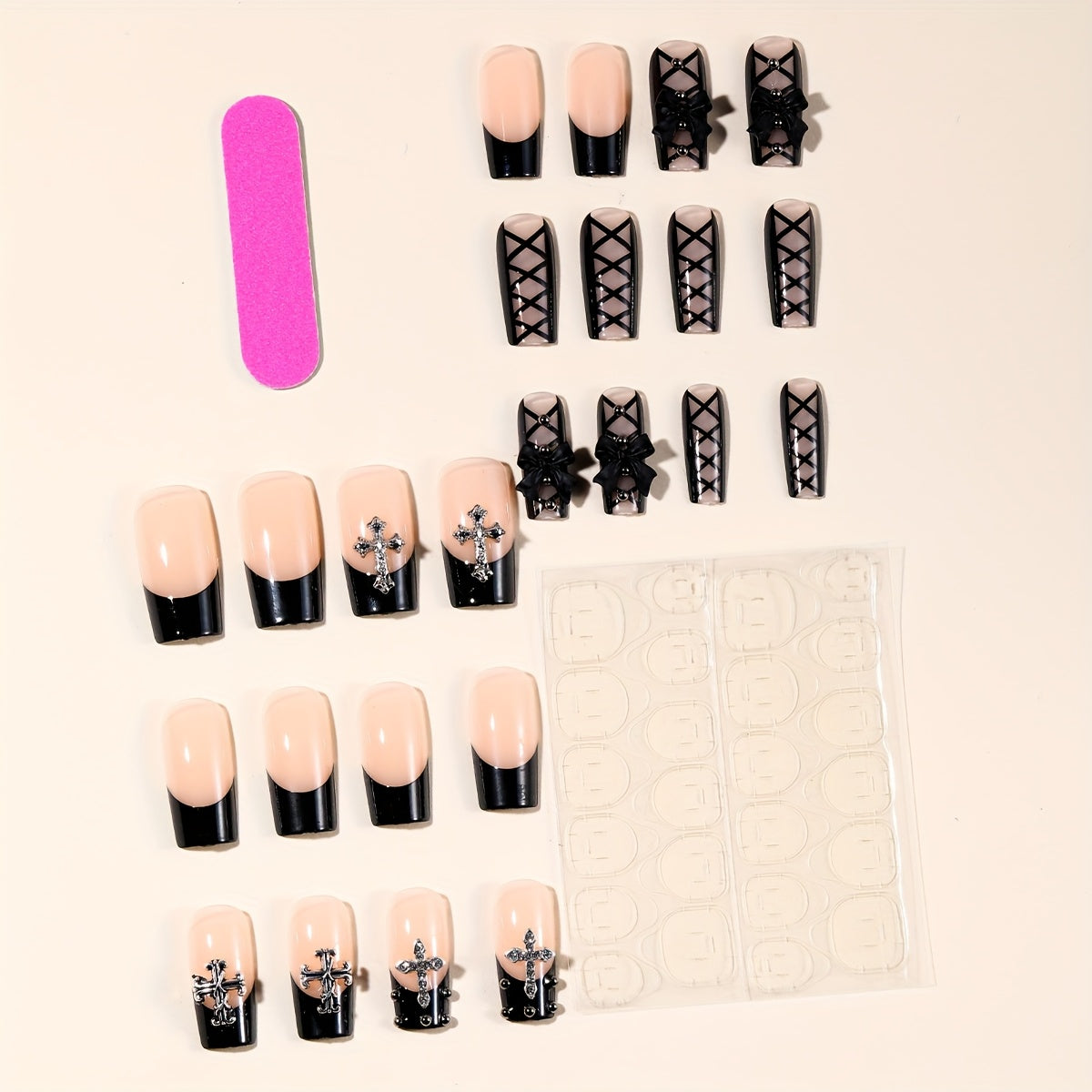 24pcs Black French Tip & Cross Nail Art Set with Steel Balls & Bow Accents - Medium Rectangular Press-On Nails for Women, Glossy Finish, Perfect for Daily Wear & Festive Occasions, Nails Accessories, Decorative Nails, French Tip Nail Design