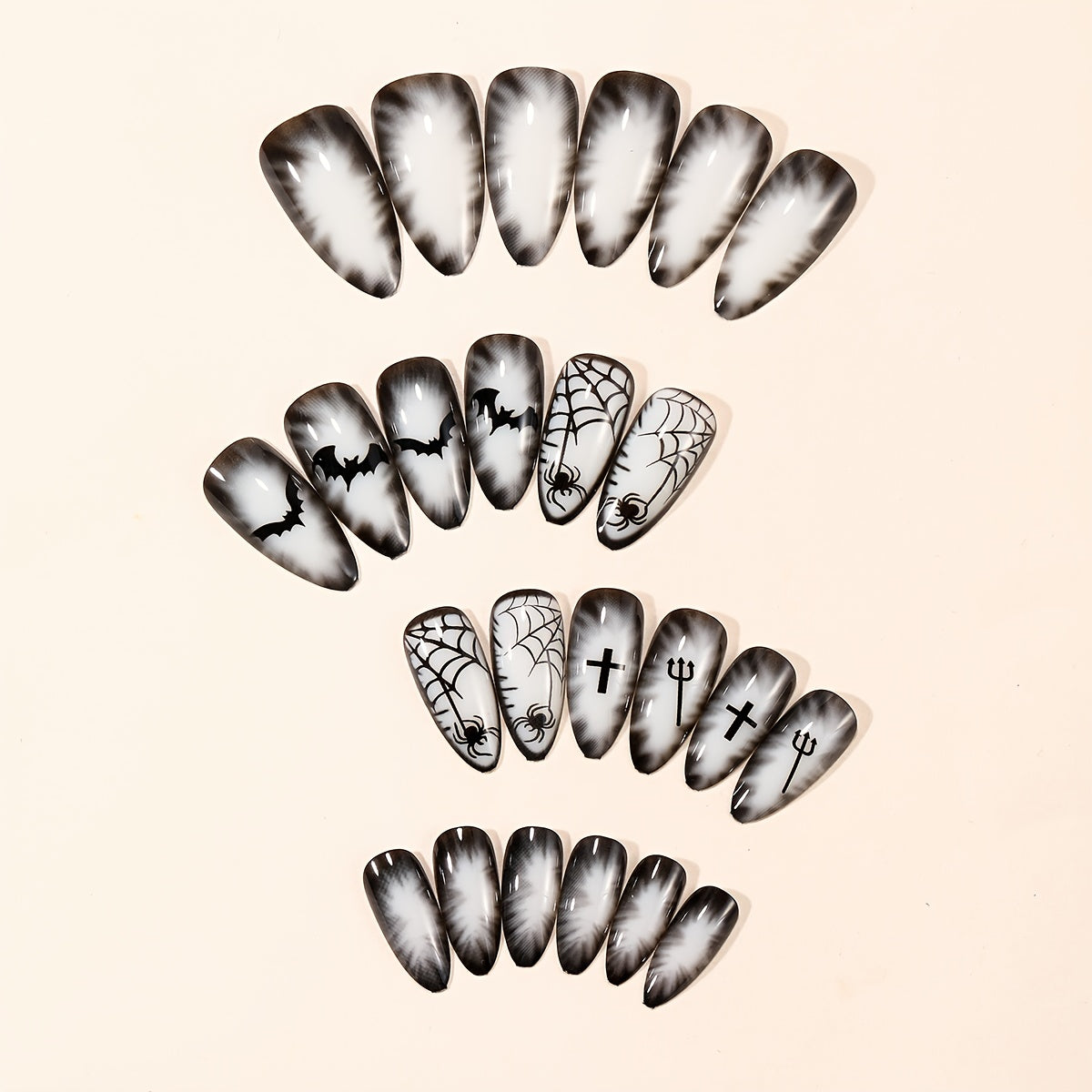 24pcs Halloween nails almond-shaped Gothic cross bat spider web gradient design Glossy full-coverage press false nails are suitable for Women's holiday party nail decoration