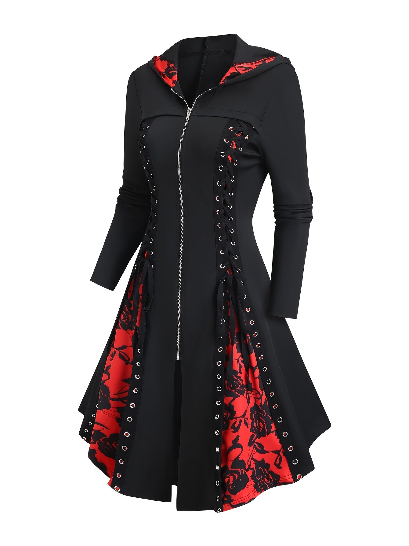Women'S Gothic Costume Dress - Black & Red Floral party, with Front Zipper Closure, Hooded Neckline - Formal Events, Halloween, Everyday Gothic Outfits - Easy-to-Wear Gothic Attire, Goth Accessories, Halloween Outfit, Vintage Aesthetic, Durable Material,