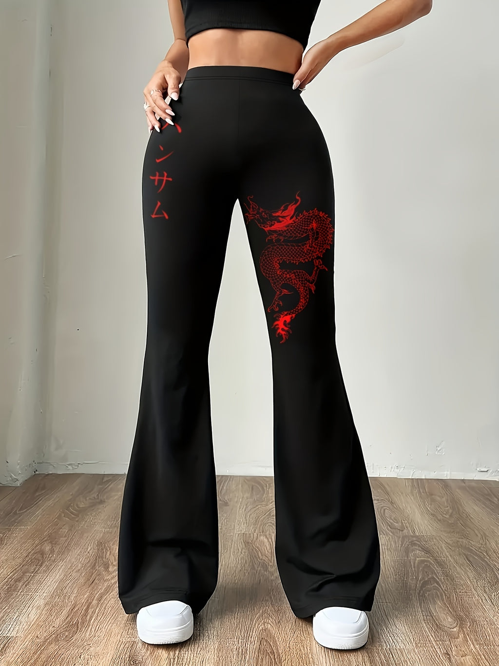 Women'S Flare Leg Pants, 95% Polyester 5% Elastane, Printed All-Season Knit Fabric, 180g/m², Adult Flared Trousers with Dragon Pattern