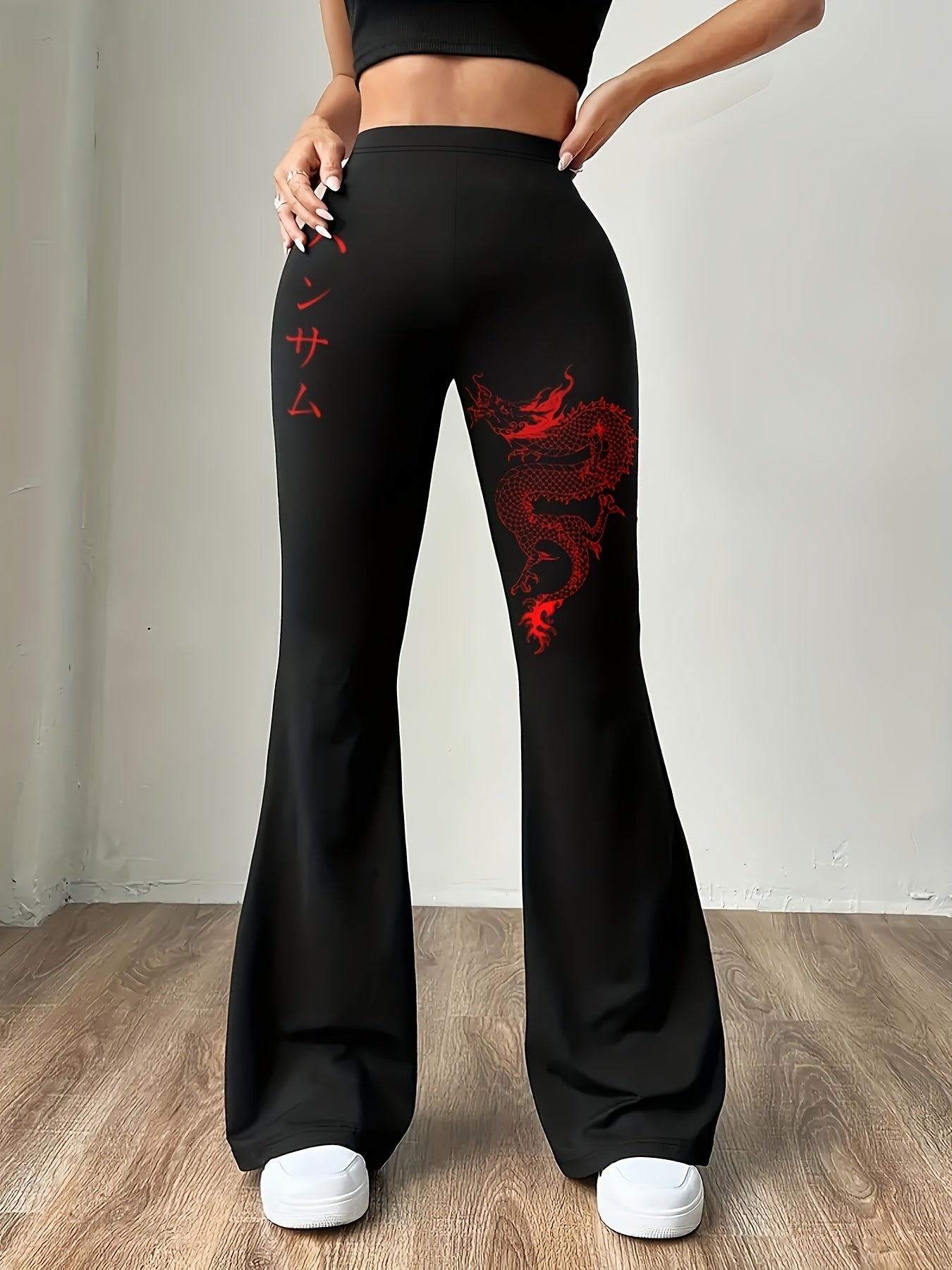 Women'S Flare Leg Pants, 95% Polyester 5% Elastane, Printed All-Season Knit Fabric, 180g/m², Adult Flared Trousers with Dragon Pattern