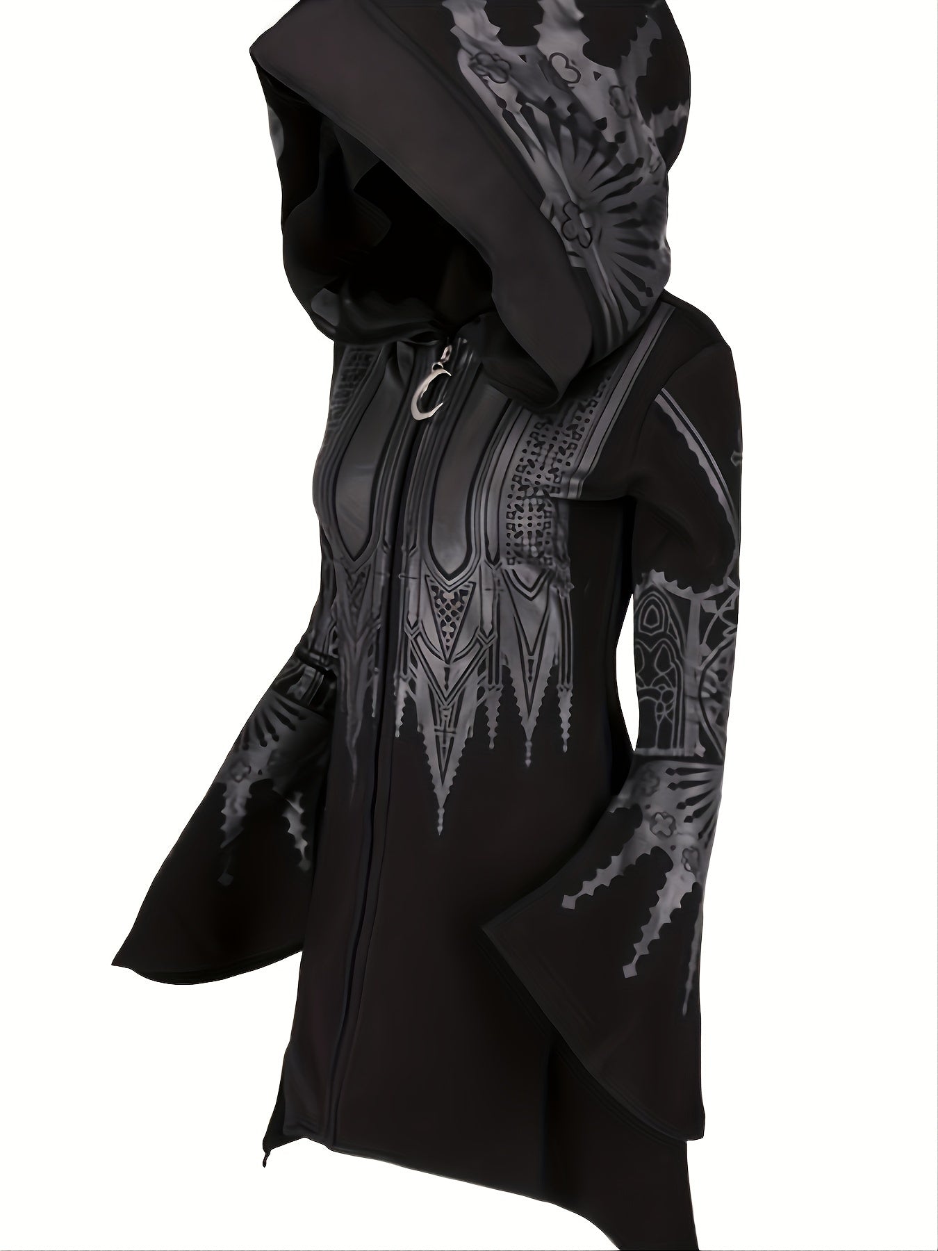Black Geometric Print Hooded Sweatshirt - Asymmetrical Hem Longline Pullover with Front Pockets, Mid-Stretch Casual Streetwear for All Seasons, Machine Washable Top
