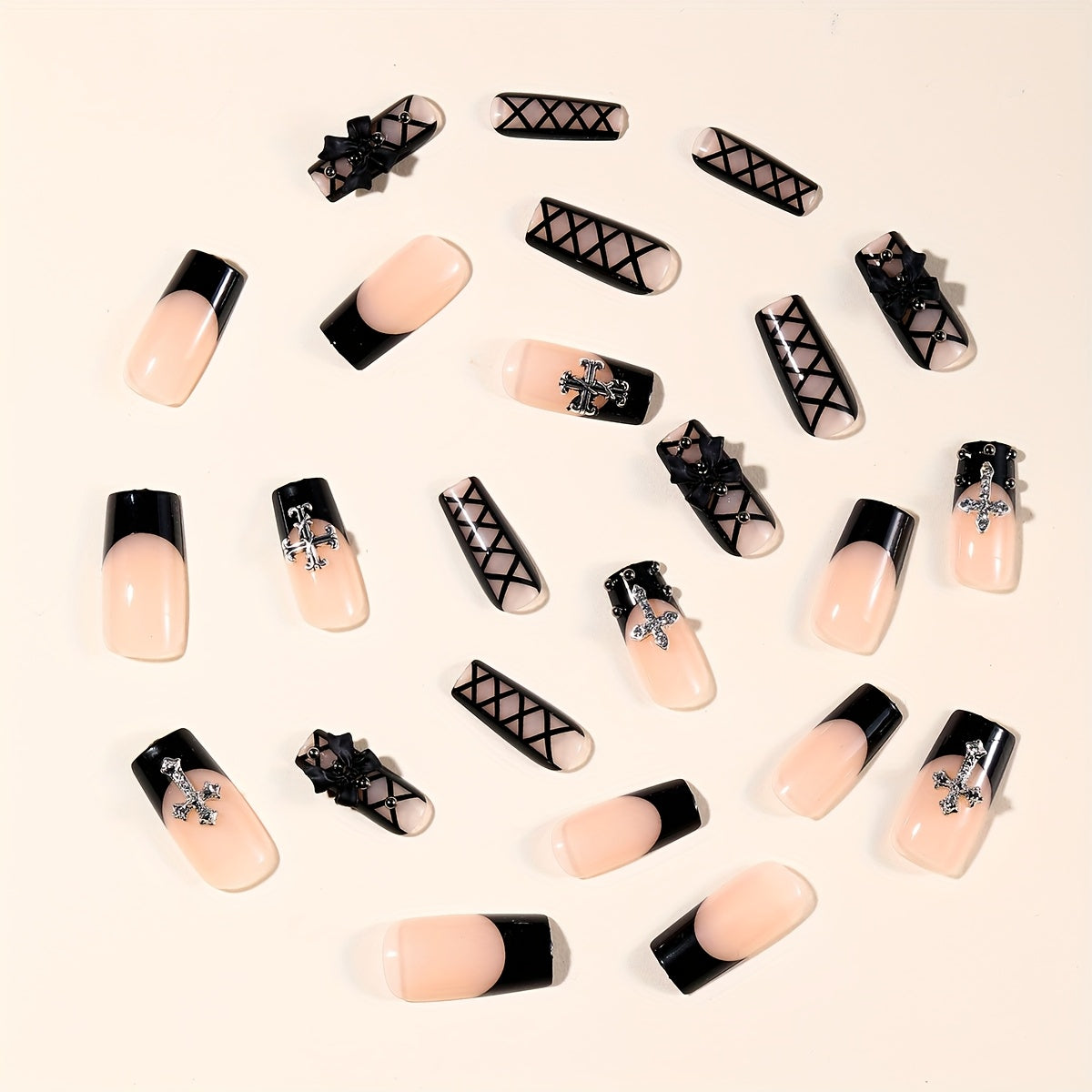 24pcs Black French Tip & Cross Nail Art Set with Steel Balls & Bow Accents - Medium Rectangular Press-On Nails for Women, Glossy Finish, Perfect for Daily Wear & Festive Occasions, Nails Accessories, Decorative Nails, French Tip Nail Design