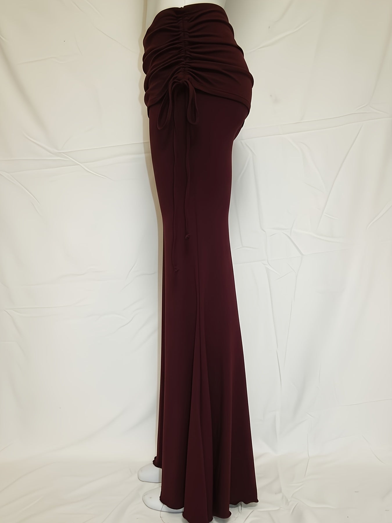 Women's Vintage Gothic Wide-Leg Tapered Floor-Length Pants - Deep Burgundy Solid Color with Drawstring Waist & Asymmetrical Hem, Structured Fit for Fall/Spring, Machine Washable Elegant Formal & Everyday Pants - Retro Style with Flowing Wide-Leg Design &