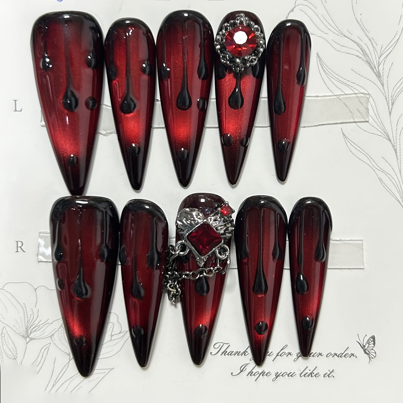10pcs Handmade Nail Dark Blood Red Spice Nail Stickers Stickers Handmade Red Cat Eye Dripping Blood Vampire Red Diamond Fake Nail Stickers Long Nail Supplies (1 Jelly Sticker + 1 Plastic Stick + 1 Nail File, Note: No Glue)