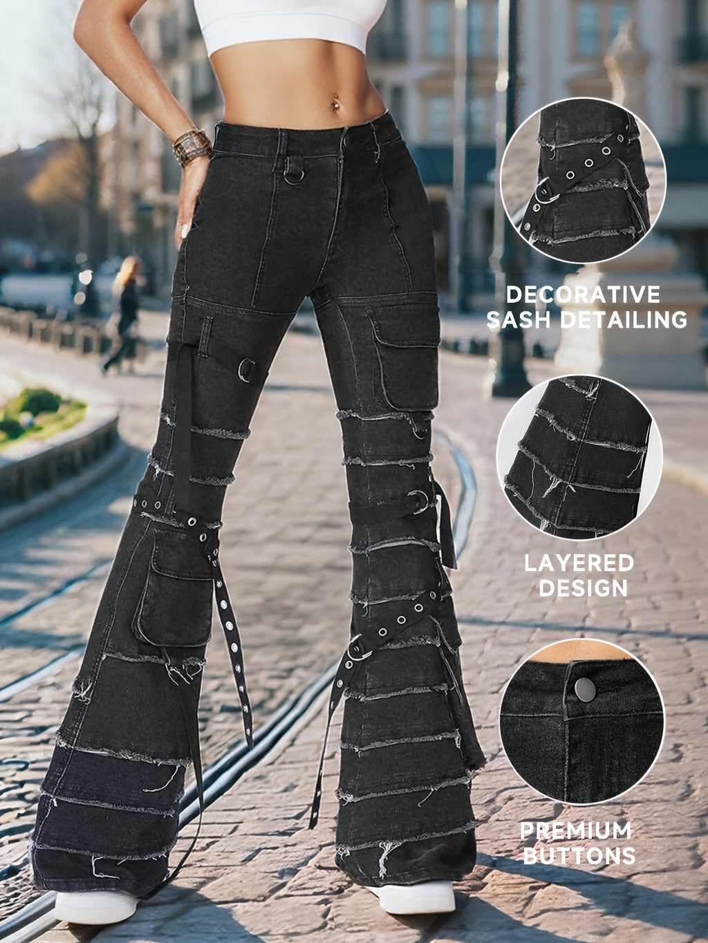 Women's Classic Flared Jeans - Stretchy Non-See-Through Denim Pants with Adjustable Drawstring, All-Season Streetwear Trousers for Casual & Formal Outfits (Machine Washable) - Ready-to-Wear Inventory, Versatile Clothing, Nontransparent Fabric