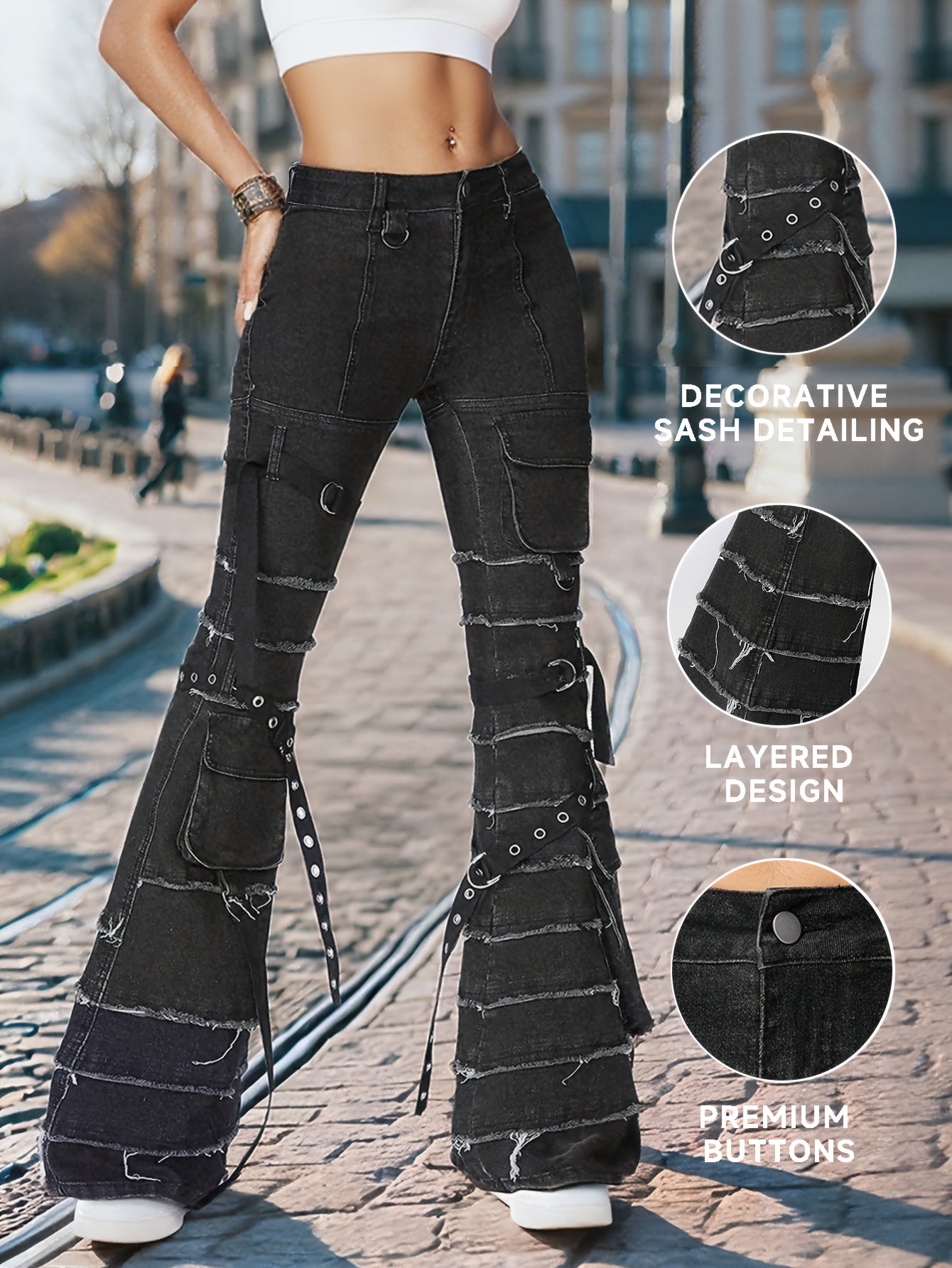Women's Classic Flared Jeans - Stretchy Non-See-Through Denim Pants with Adjustable Drawstring, All-Season Streetwear Trousers for Casual & Formal Outfits (Machine Washable) - Ready-to-Wear Inventory, Versatile Clothing, Nontransparent Fabric
