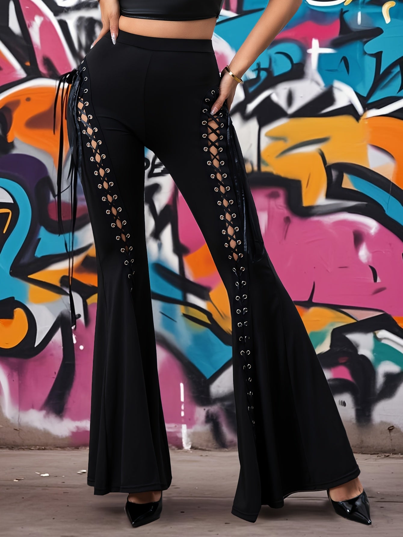 Sexy Dark Style Lace-Up Flared Pants - Fashionable and Elegant Slim Fit Long Trousers