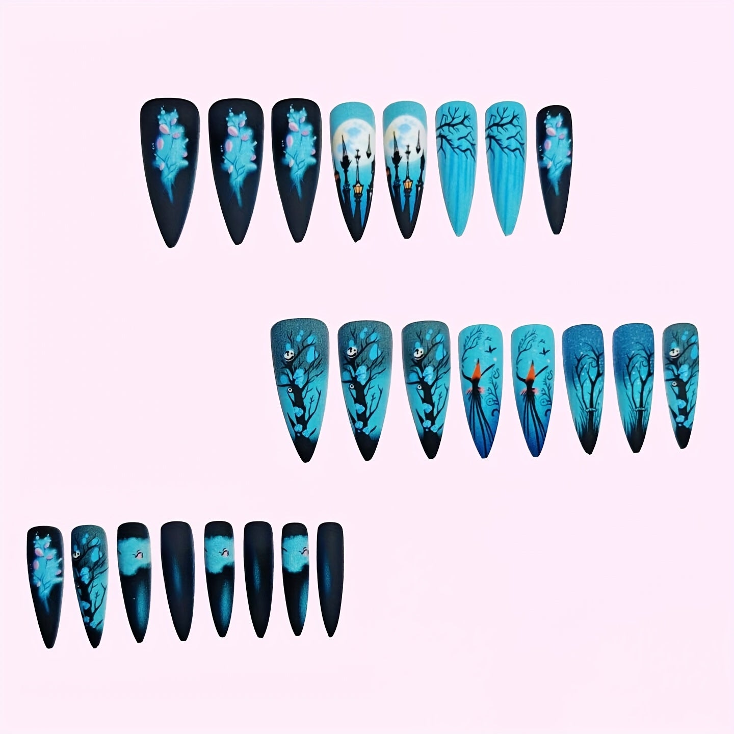 24pcs Halloween Gothic Night Forest: "Gothic" corresponds to the dark style of Halloween, featuring a night forest scene with trees in nail art. Removable press-on nails