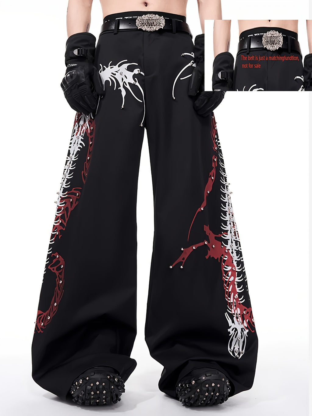 Women'S Y2K Style Black Cargo Pants with Red & White Dragon Print, Zipper Detail, and Black Gloves - Edgy Halloween Costume Pants for All Seasons, Halloween Costume Pants | Y2K Fashion Pants | Zipper Detail Pants, Gothic Tee, Gothic Gift Idea, Fancy Camo
