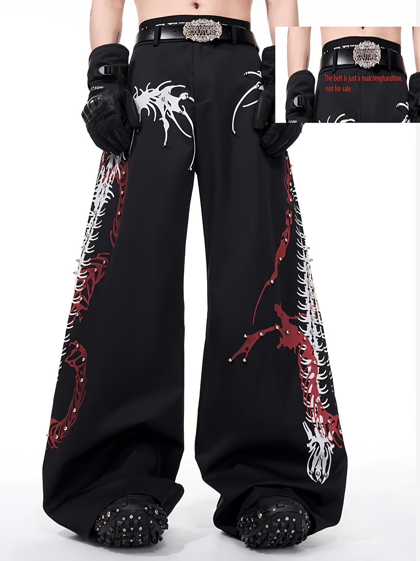 Women'S Y2K Style Black Cargo Pants with Red & White Dragon Print, Zipper Detail, and Black Gloves - Edgy Halloween Costume Pants for All Seasons, Halloween Costume Pants | Y2K Fashion Pants | Zipper Detail Pants, Gothic Tee, Gothic Gift Idea, Fancy Camo