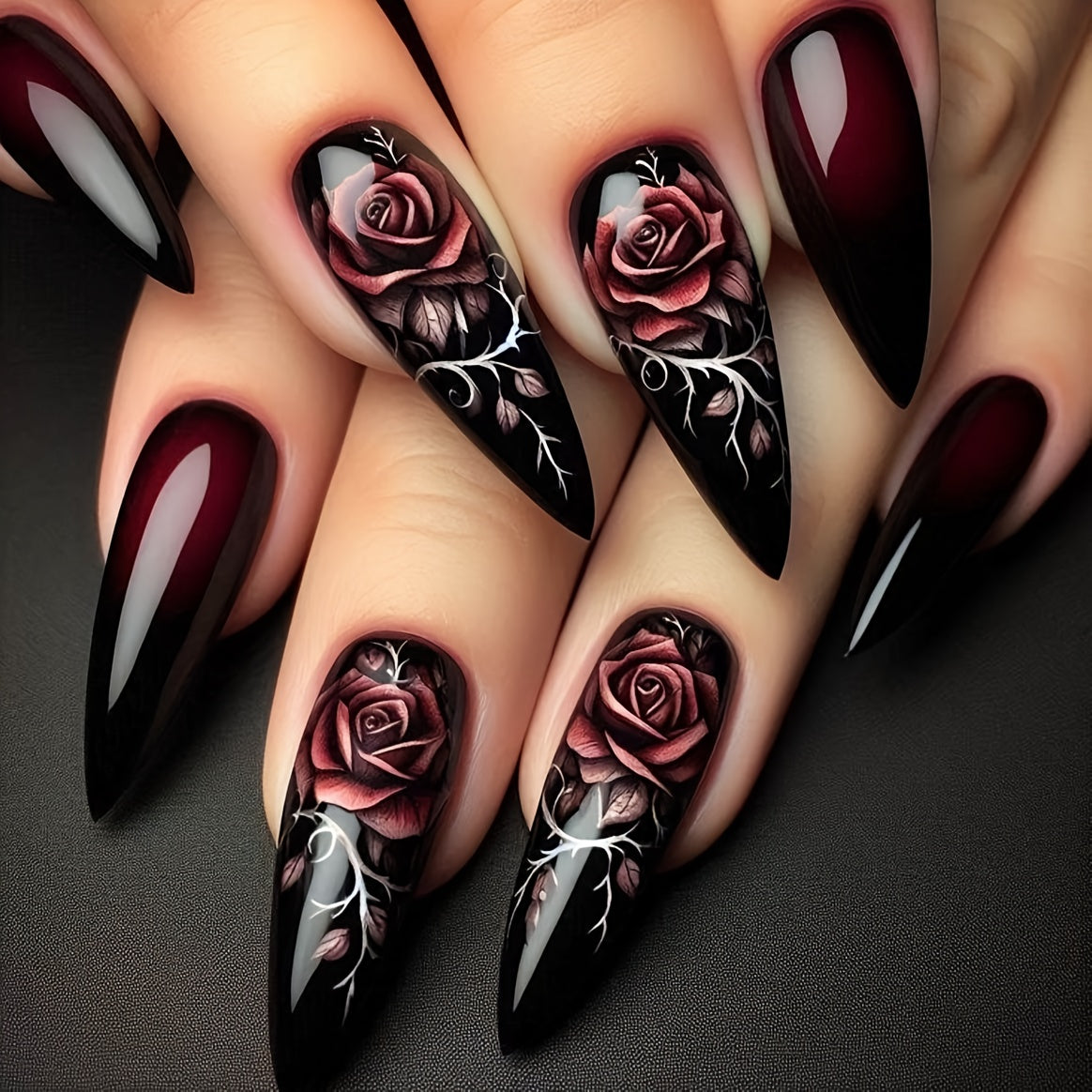 Women's Glossy Press On Nails Almond Shape Medium Length - Burgundy & Black Red Rose Floral Design with White Base, Elegant Glossy Finish, Comfortable Press On Nails for Parties, Weddings, Casual Attire - Burgundy, Black, White & Pink Ombre Gradient, Dur
