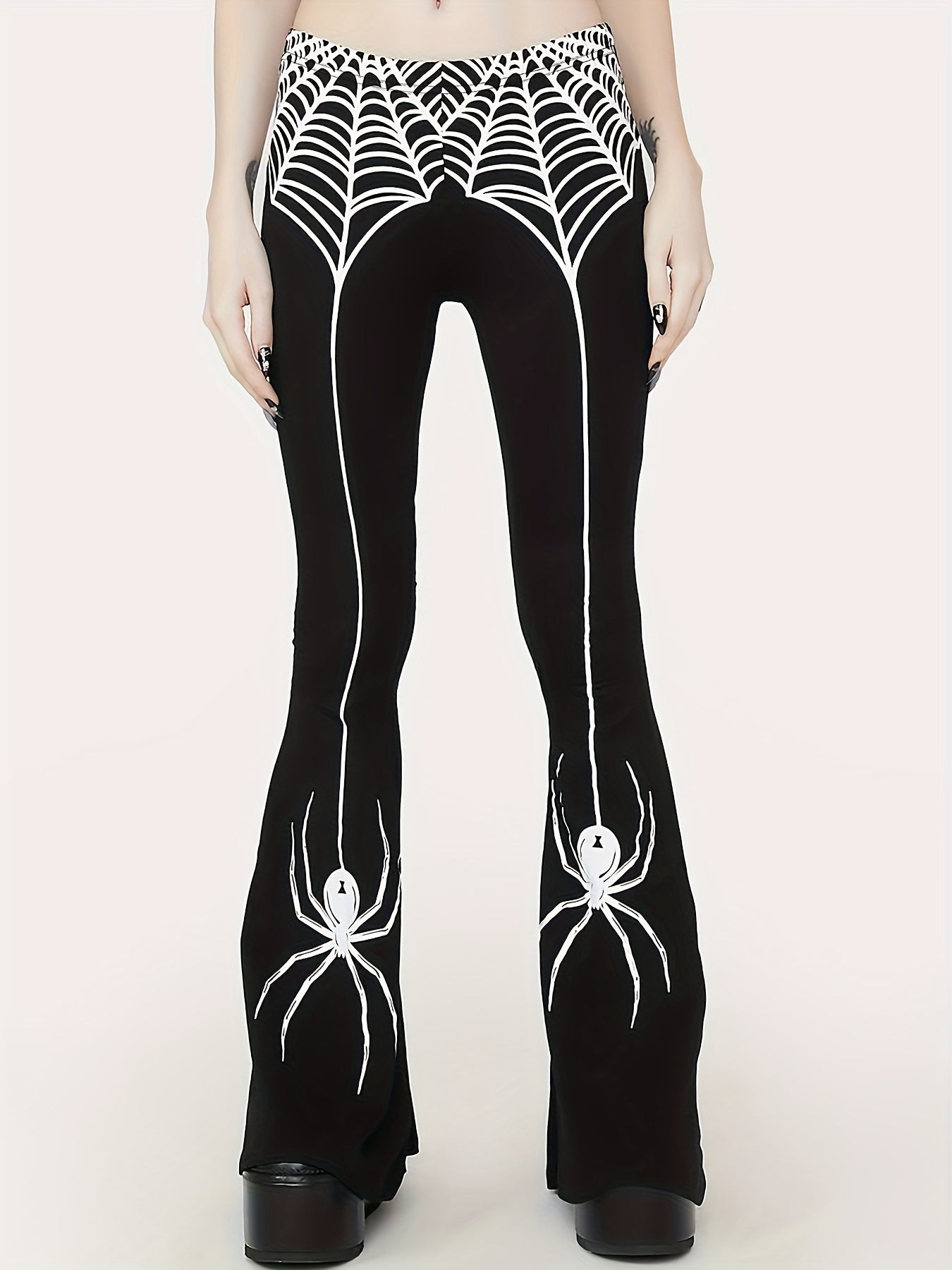Women'S High-Waist Stretchy Flare Pants with Spider & Web Print - Sexy Black & White Design, Slim Fit, All-Season Comfort, Perfect for Casual or Stylish Outfits, High Waisted Leggings, Halloween Costume Women, Halloween Trouser Women, Halloween Pant Wome