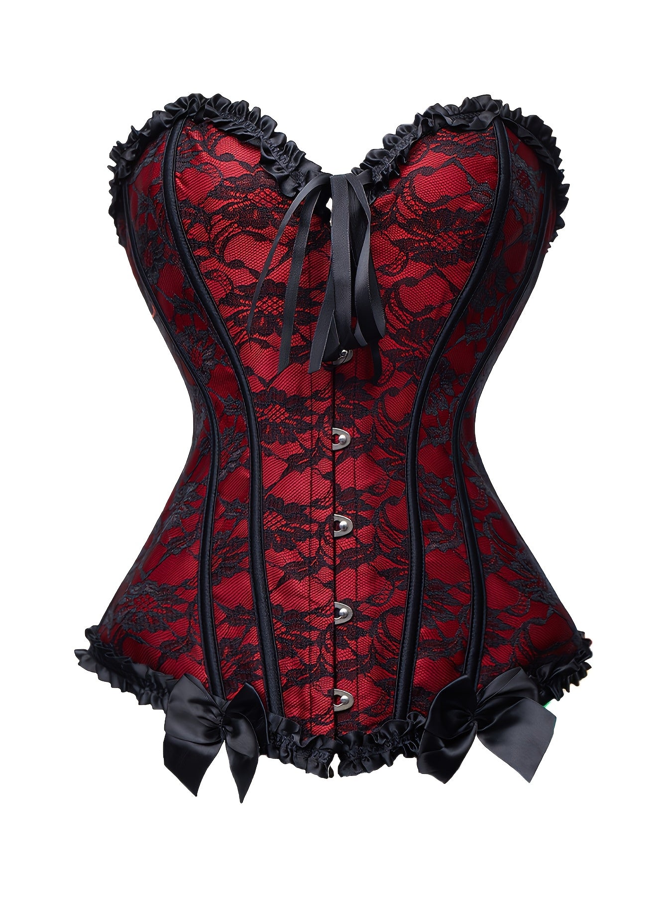 Women's Victorian-Style Burgundy & Black corset top - Lace-like front closure with Ruffled Trim, Boned Bustier Shirt for Waist-Cinching, Gothic/Party/Themed Events - Hand Washable - Vintage-Inspired A-Line Silhouette with Ruffled Neckline & Back Strap -