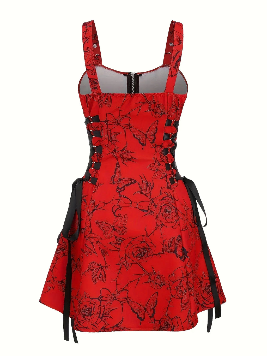 Women's Red Floral Print Off-Shoulder Spaghetti Suspender Dress with Zipper & Buckle Details - Machine Washable Polyester Casual Elegant Spring Summer Outfit, Stylish Daywear, Buckle Front Closure, Intricate Pattern Design