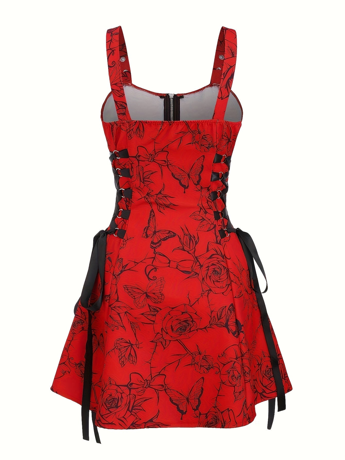 Women's Red Floral Print Off-Shoulder Spaghetti Suspender Dress with Zipper & Buckle Details - Machine Washable Polyester Casual Elegant Spring Summer Outfit, Stylish Daywear, Buckle Front Closure, Intricate Pattern Design