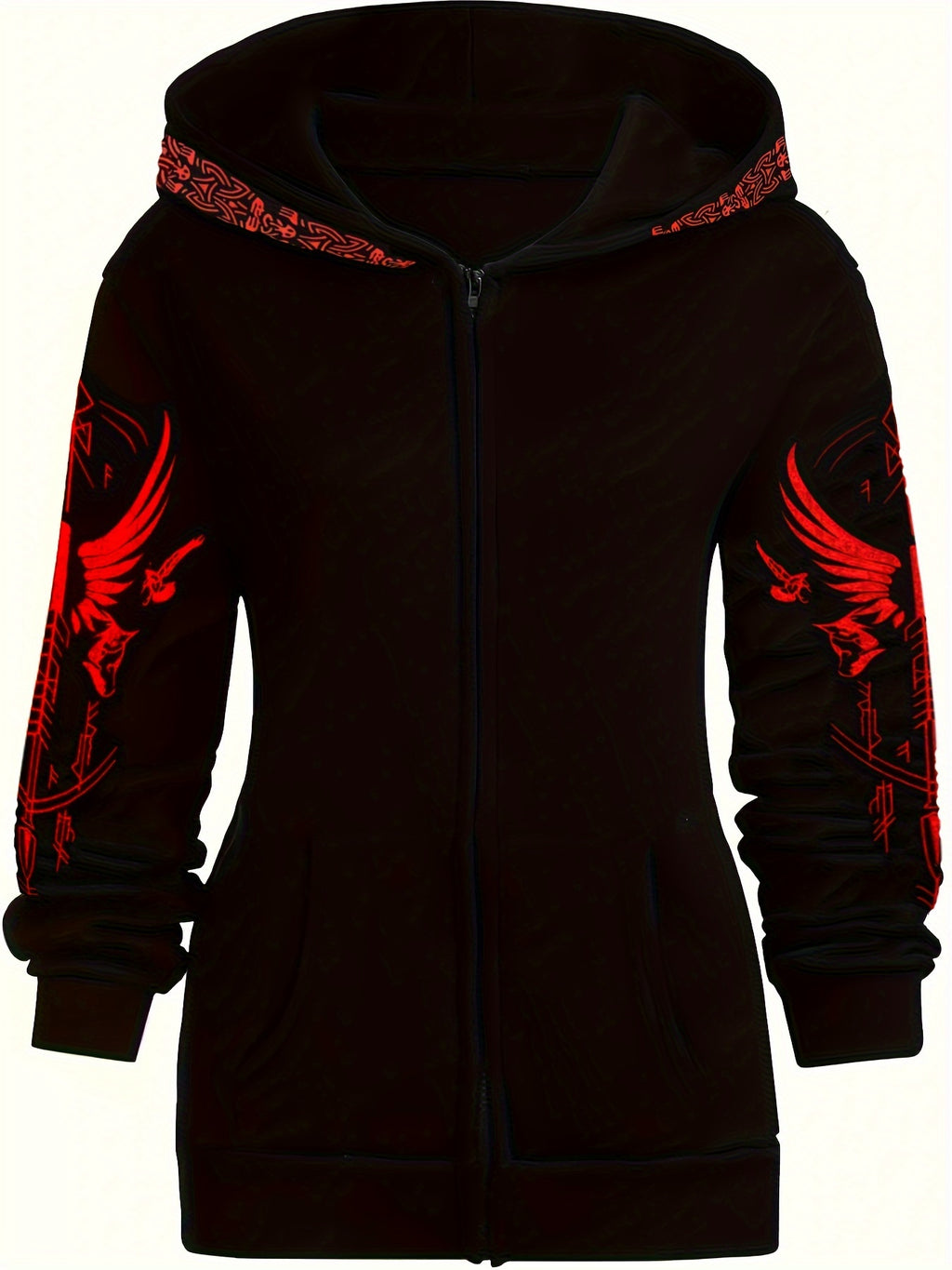 Women's Black Casual Gothic Print Zip-Up Hoodie with Red Graphic Design, Long Sleeve Machine-Washable All-Season Pullover Sweatshirt, Sweater Hoodie
