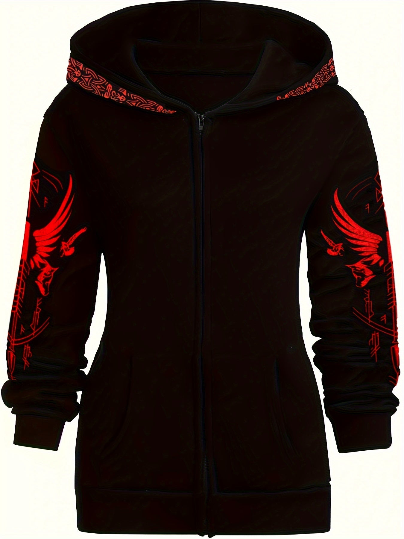 Women's Black Casual Gothic Print Zip-Up Hoodie with Red Graphic Design, Long Sleeve Machine-Washable All-Season Pullover Sweatshirt, Sweater Hoodie