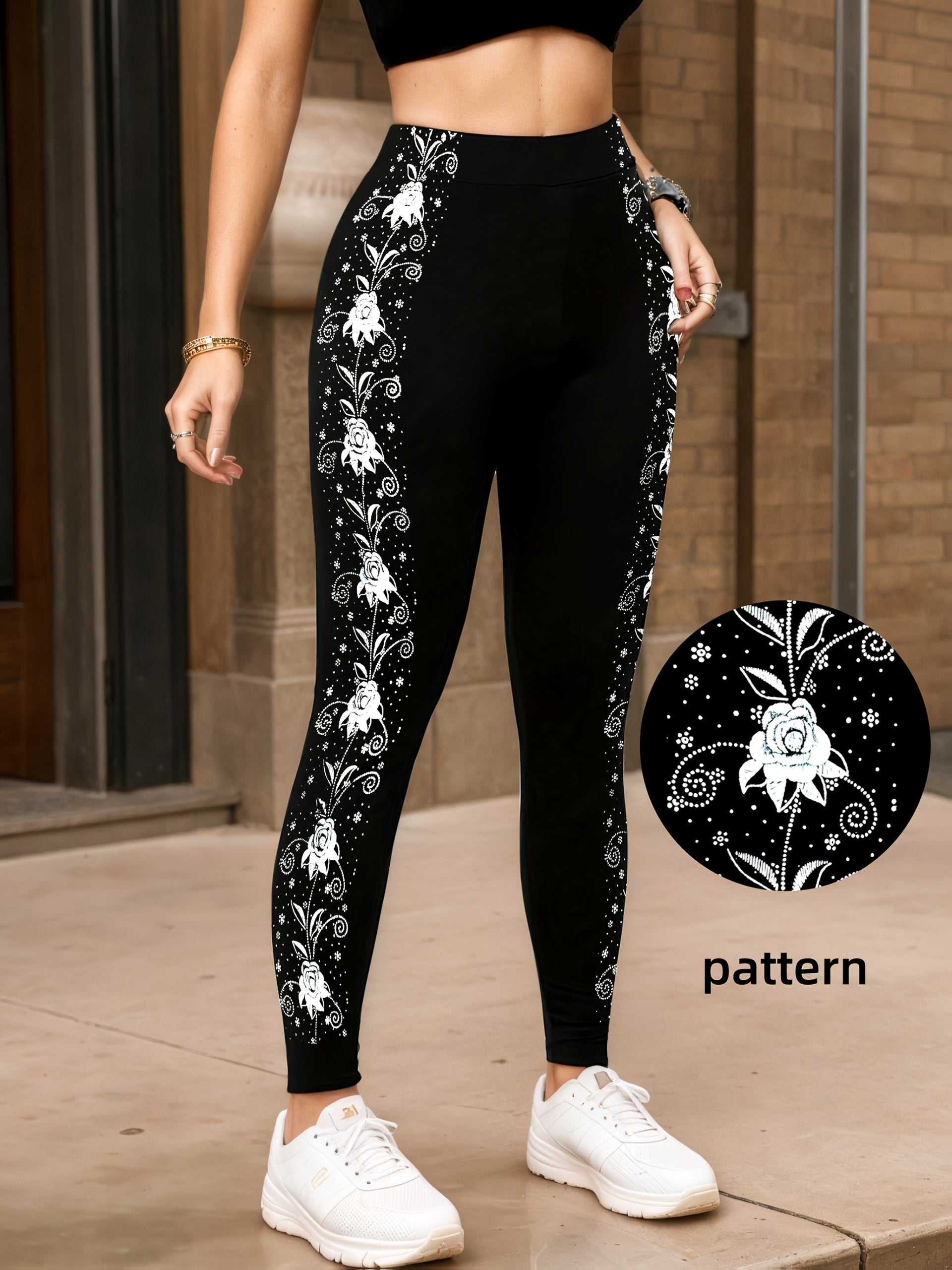 1pc Women'S Elegant Black Floral Print High-Waisted Leggings - Stretchy, Slim Fit, Side-Symmetric Design for Casual Attire & Parties, Party Leggings | Elegant Leggings | Stretchy Fabric