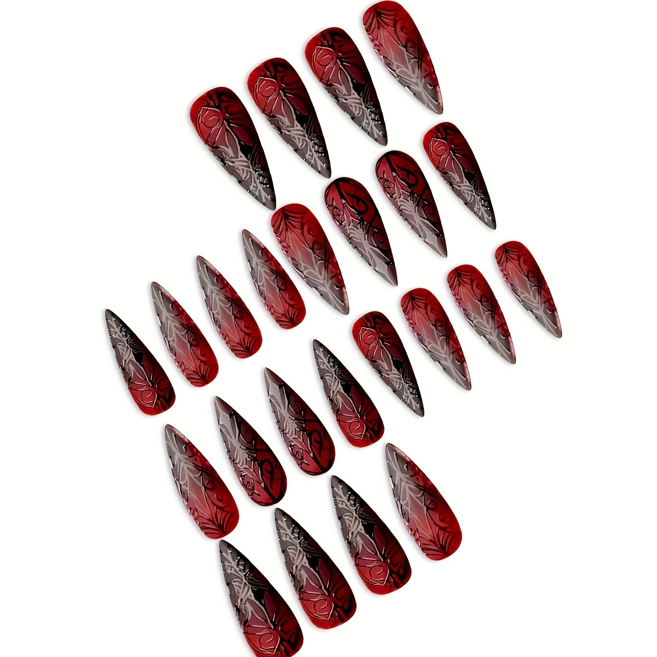 24pcs Almond-Shaped Fake Nails with Dark Crimson Gradient Cool Unique Patterns, Suitable for All Women and s. Comes with Nail Buffers and Jelly Glue in the Box for Easy Application