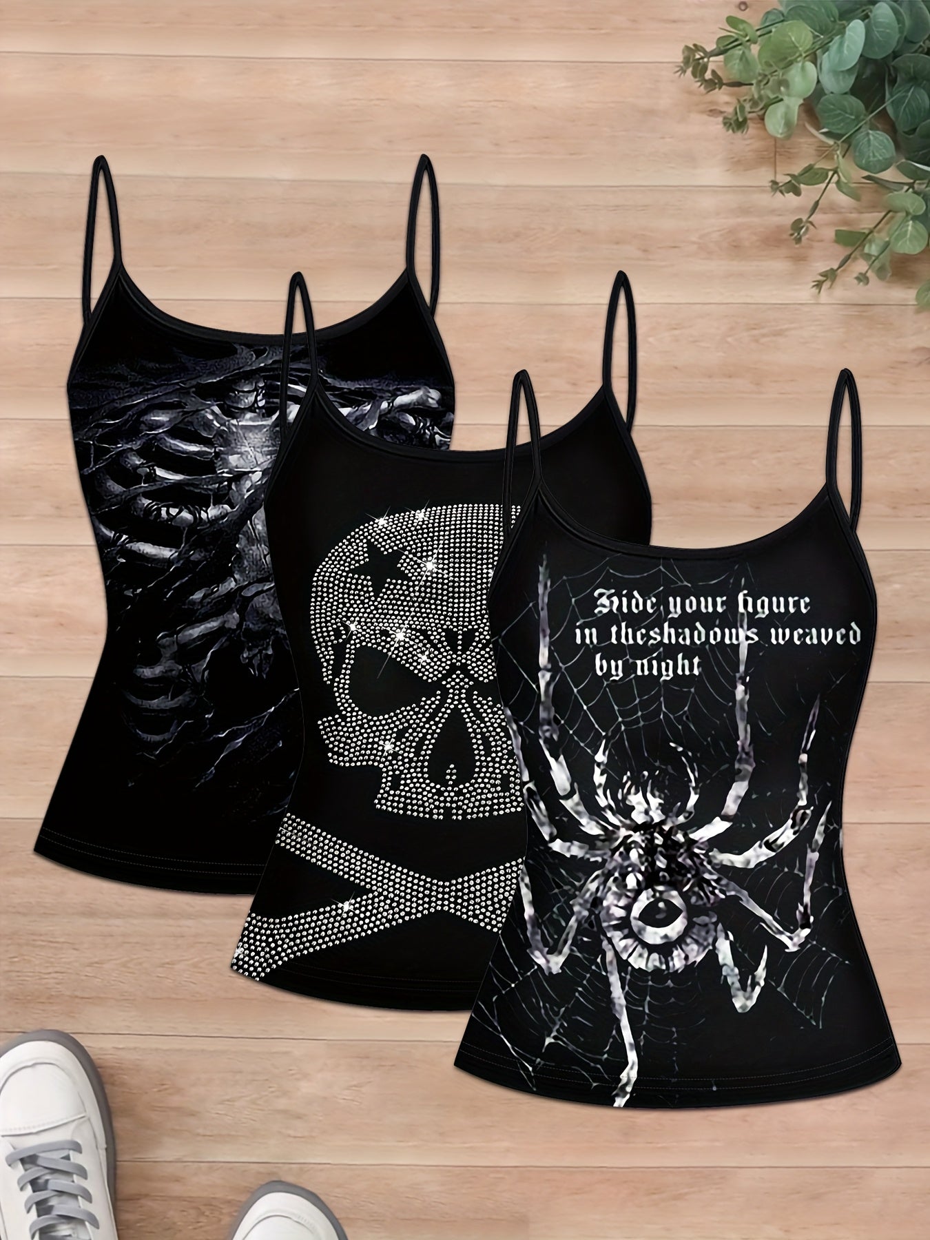 3pcs Black Gothic Tank Tops with Embroidered Spider & Skull Designs - "Hide Your Heart in the Shadows Weaved by Night" Print, Elegant Spaghetti Strap Style, Machine Washable, Summer Casual Wear for Women, Summer Casual Wear | Gothic Tank Tops | Embroider