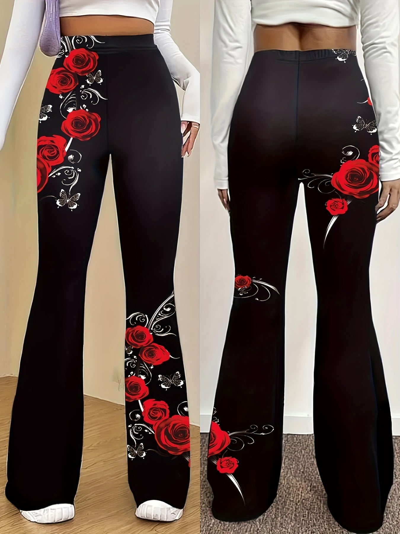 Women'S Elegant Floral Print Flare Leg Pants - Black with Red Roses & Green Leaves, Wide-Leg Design, All-Season Comfort, Perfect for Casual or Formal Occasions, Comfortable Fashion | Floral Print Pants | Stretchy Fabric