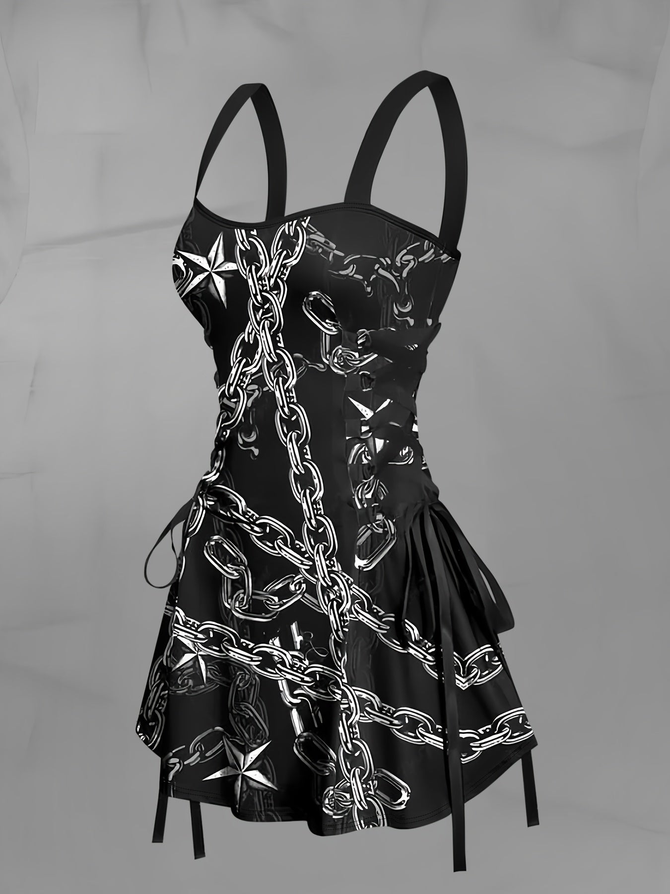 Women's Vintage Chain Print Cami Dress - Stretchy Black & White Chain Design, Adjustable Thin Straps, Ruffled Hem, Machine Washable - Perfect for Spring/Summer