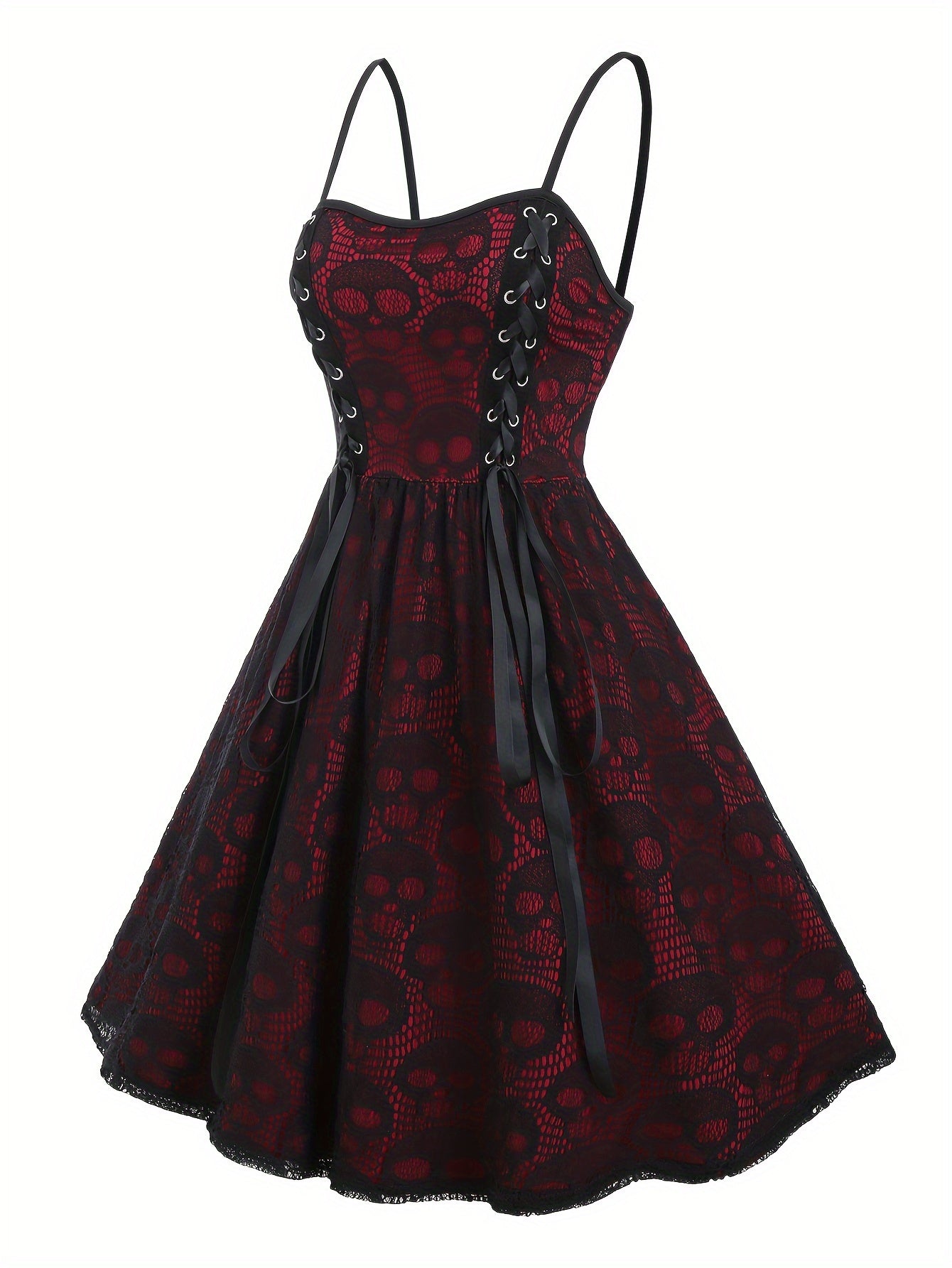 Contrast Lace Tie Front Flared Dress, Vintage Sleeveless Cami Dress For Spring & Summer, Women's Clothing