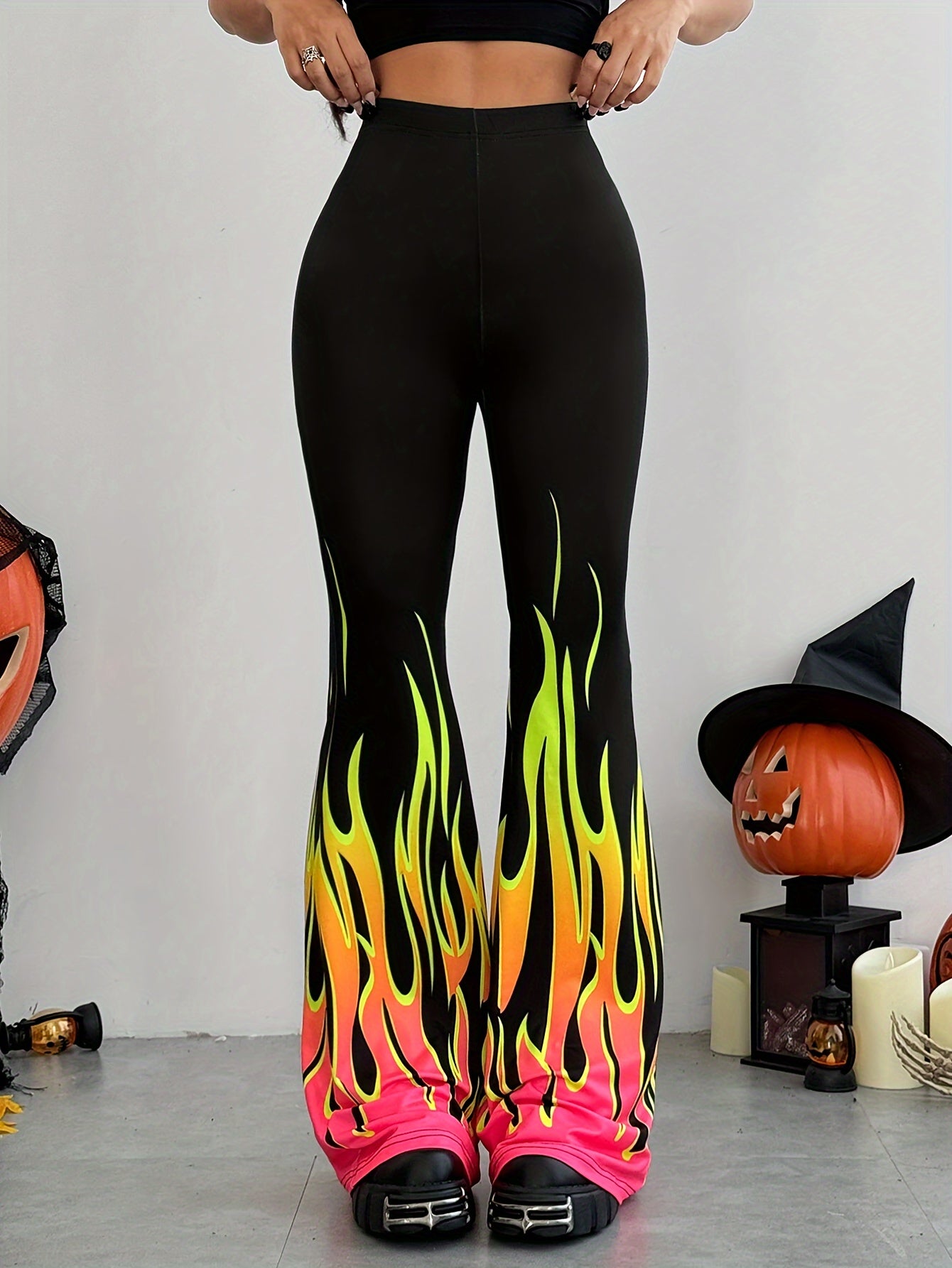 Women's High Waist Flame Print Bell Bottom Pants - Polyester Knit Fabric, Stretchy, Casual Style, All-Season, Fitted Flare Leggings