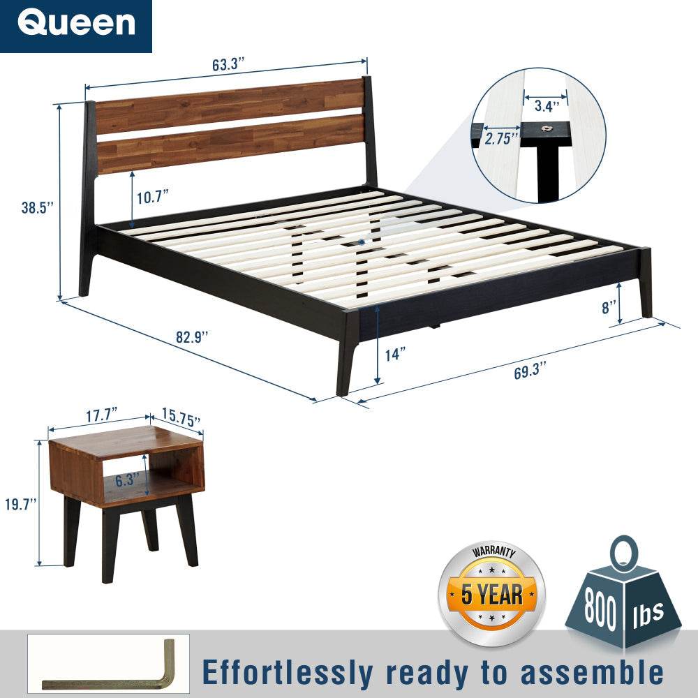 Emery Solid Wood Bed Frame & Nightstand Bedroom Set