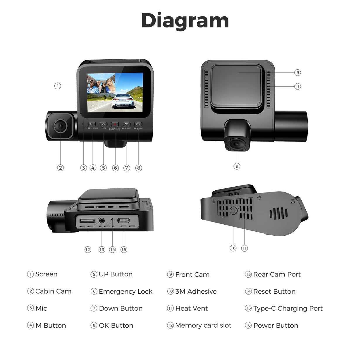 AZDOME Dash Cam V600 2.4" Screen 2x1080P+480P Car Camera G-Sensor Super Night Vision Car DVR 24H Parking Mode Support Rear Cam