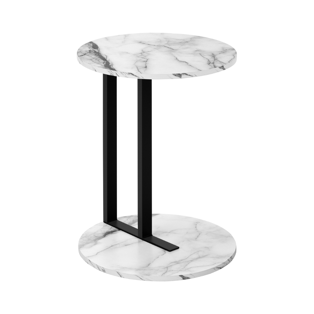 Table d'appoint en faux marbre blanc et metal noir