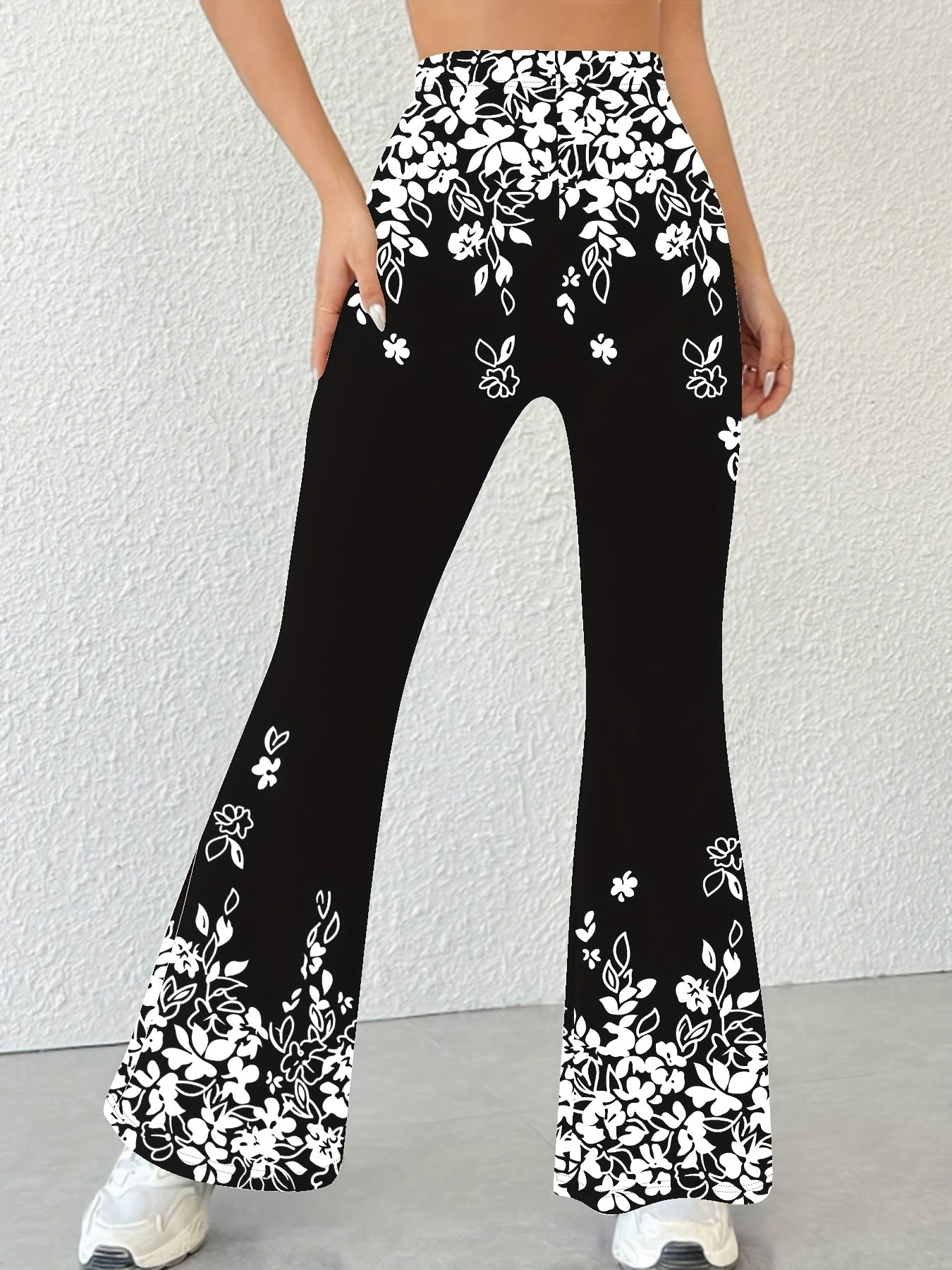 Women's High-Waisted Flared Pants with Black & White Floral Print - Stretchy Elastic Waistband, All-Season Machine Washable Trousers for Casual & Formal Wear - Elegant Women's Fashion, Cute Pants, Comfortable Clothing, Nontransparent Fabric, Versatile Bo