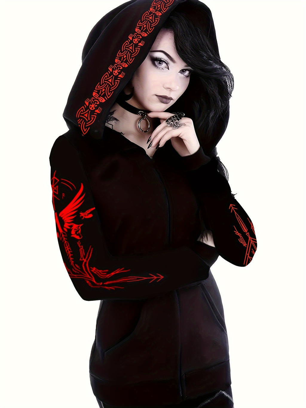 Women's Black Casual Gothic Print Zip-Up Hoodie with Red Graphic Design, Long Sleeve Machine-Washable All-Season Pullover Sweatshirt, Sweater Hoodie