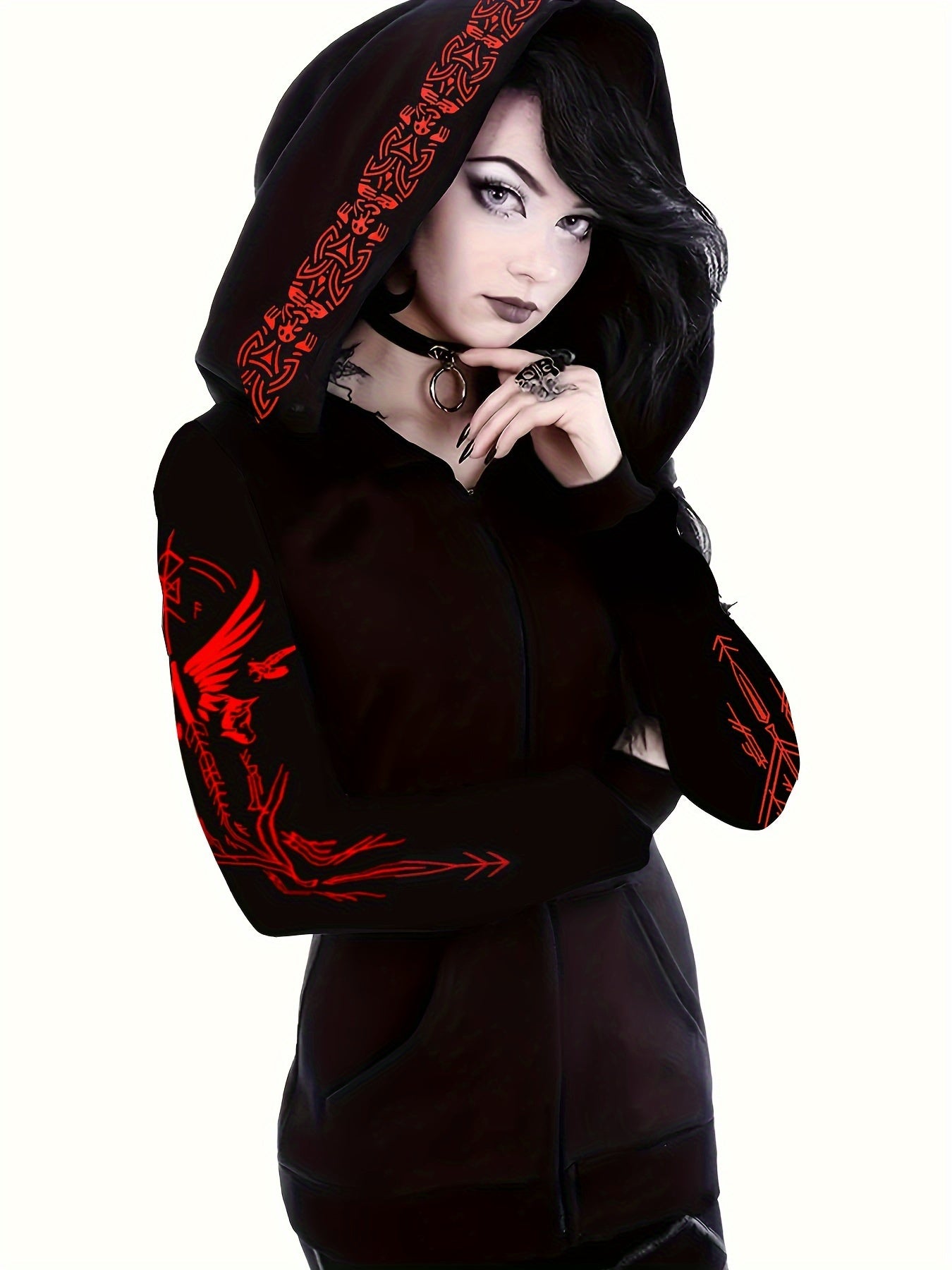 Women's Black Casual Gothic Print Zip-Up Hoodie with Red Graphic Design, Long Sleeve Machine-Washable All-Season Pullover Sweatshirt, Sweater Hoodie