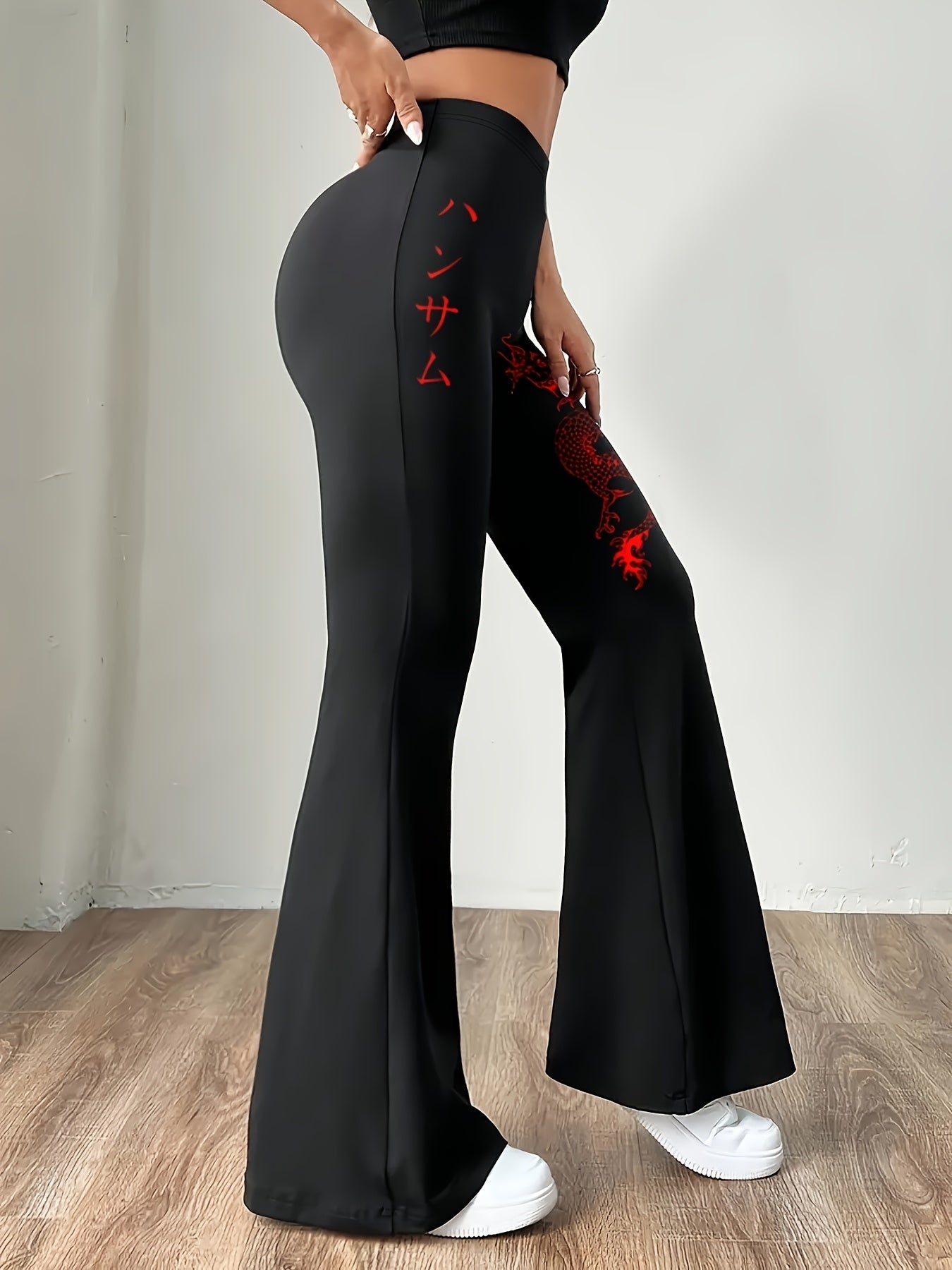 Women'S Flare Leg Pants, 95% Polyester 5% Elastane, Printed All-Season Knit Fabric, 180g/m², Adult Flared Trousers with Dragon Pattern