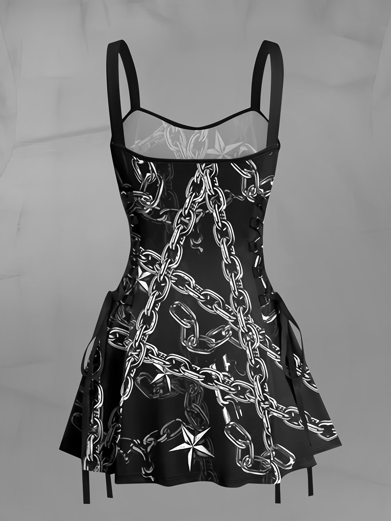 Women's Vintage Chain Print Cami Dress - Stretchy Black & White Chain Design, Adjustable Thin Straps, Ruffled Hem, Machine Washable - Perfect for Spring/Summer
