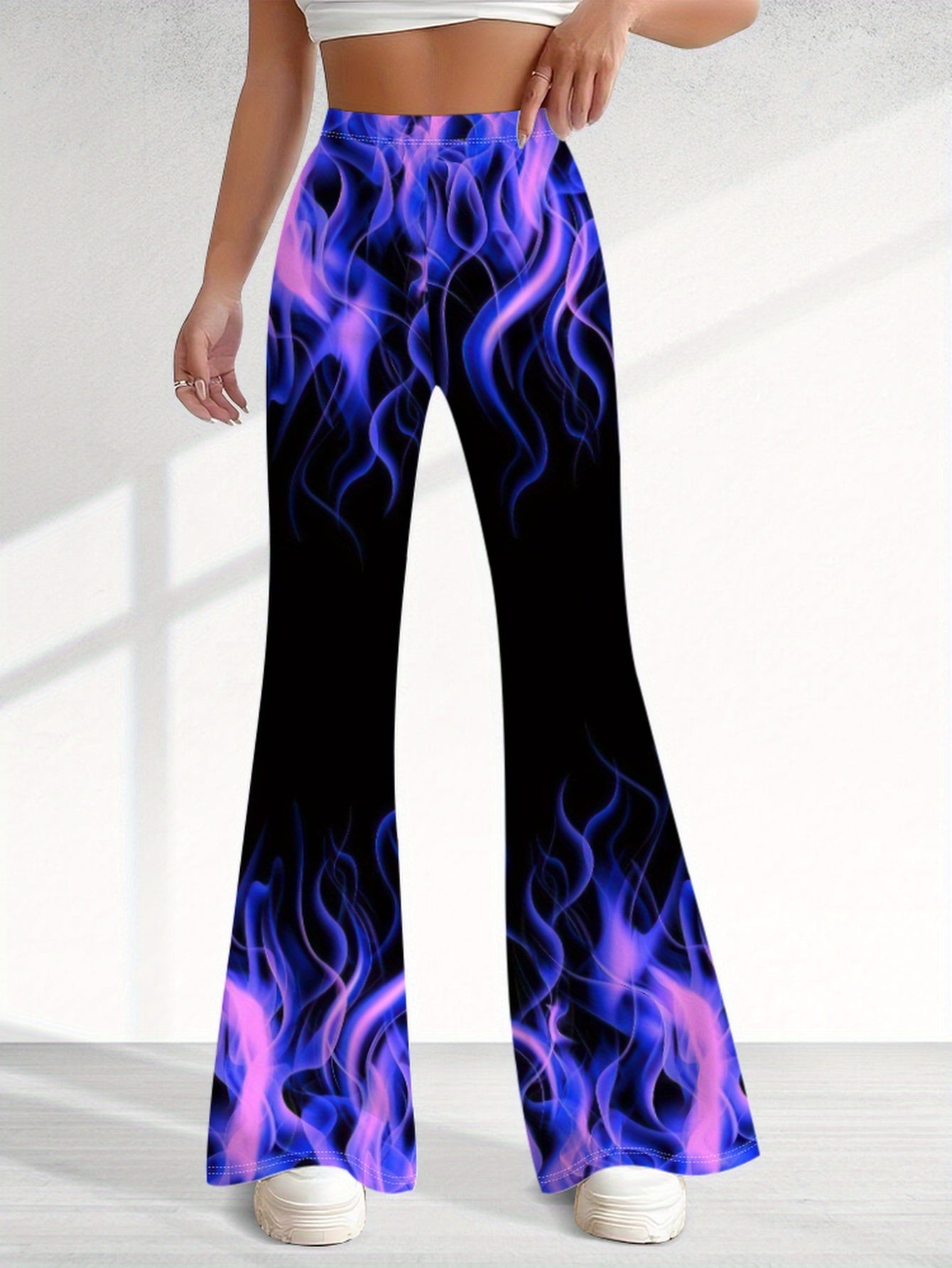 Women'S Sexy Flared Pants - Bold Purple Flame-like Pattern, Stretchy Non-See-Through Fabric, Elegant Party & Everyday Pants for Women - Spring/Fall/Summer Outfits - Flattering Fit for Casual Formal Events, Seasonal Fashion, Stylish Bottoms, Comfortable M