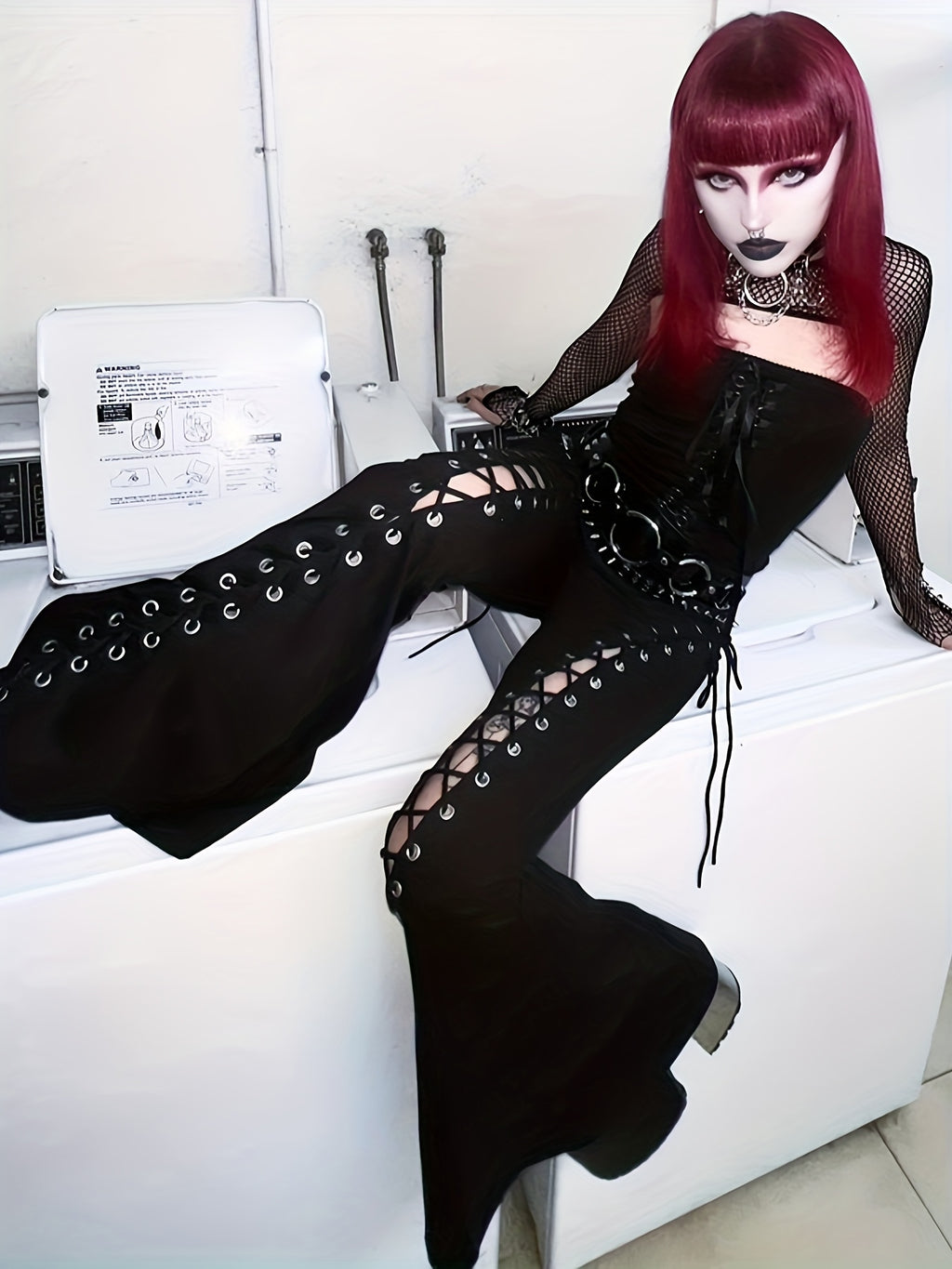 Lilac XN Women'S Gothic Black Streetwear Flare Pants - Sexy Elastic Waist with Tie-Front Detail, Thick Platform Heel, Summer Casual & Party Wear, Flared Leg Pants, Party Attire, Edgy Fashion, Metallic Accents