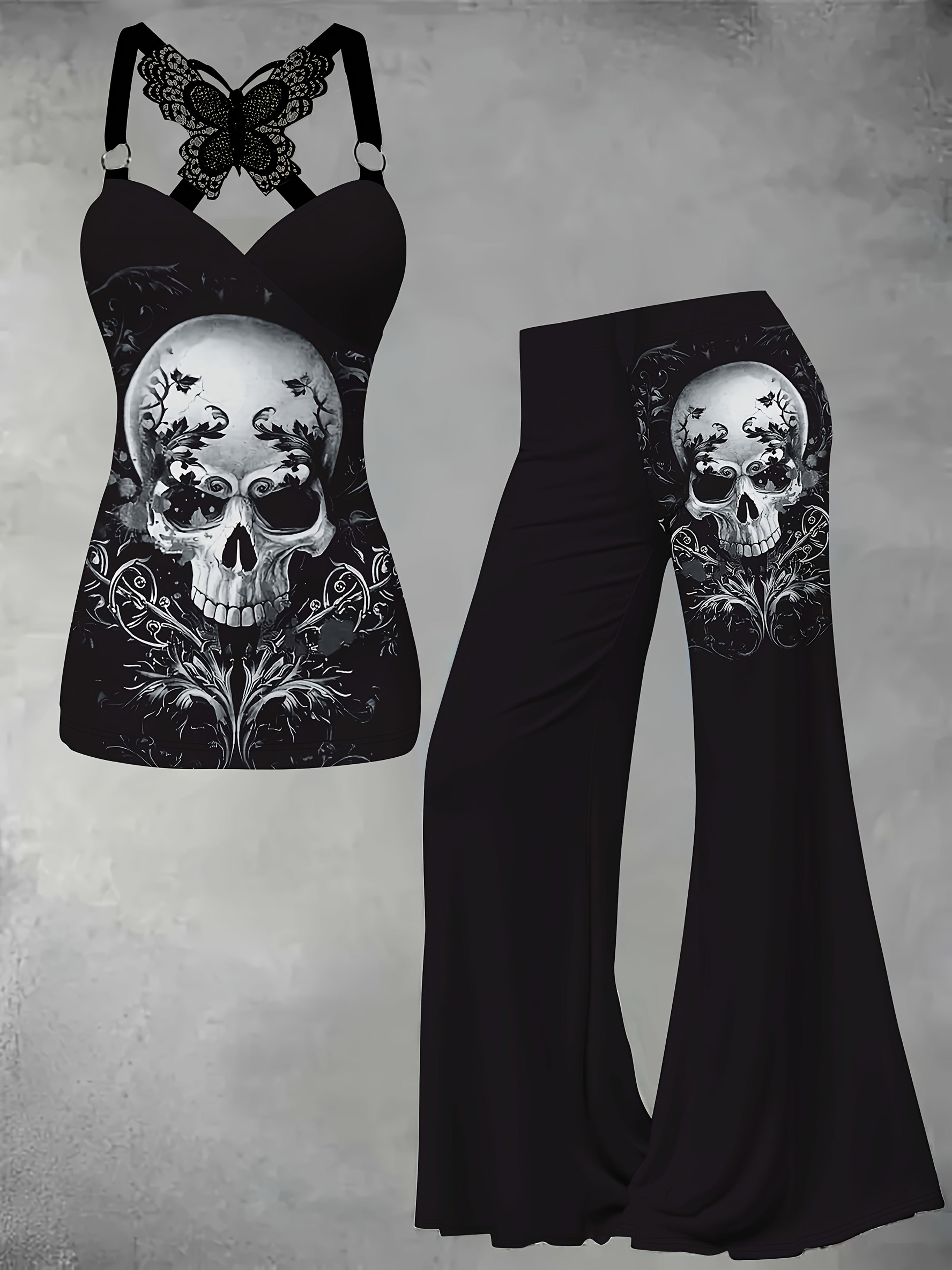 Women's Elegant Fashion Skull Pattern Digital Print Embroidery Butterfly Round Button Splice Vest Top + Flare Pants