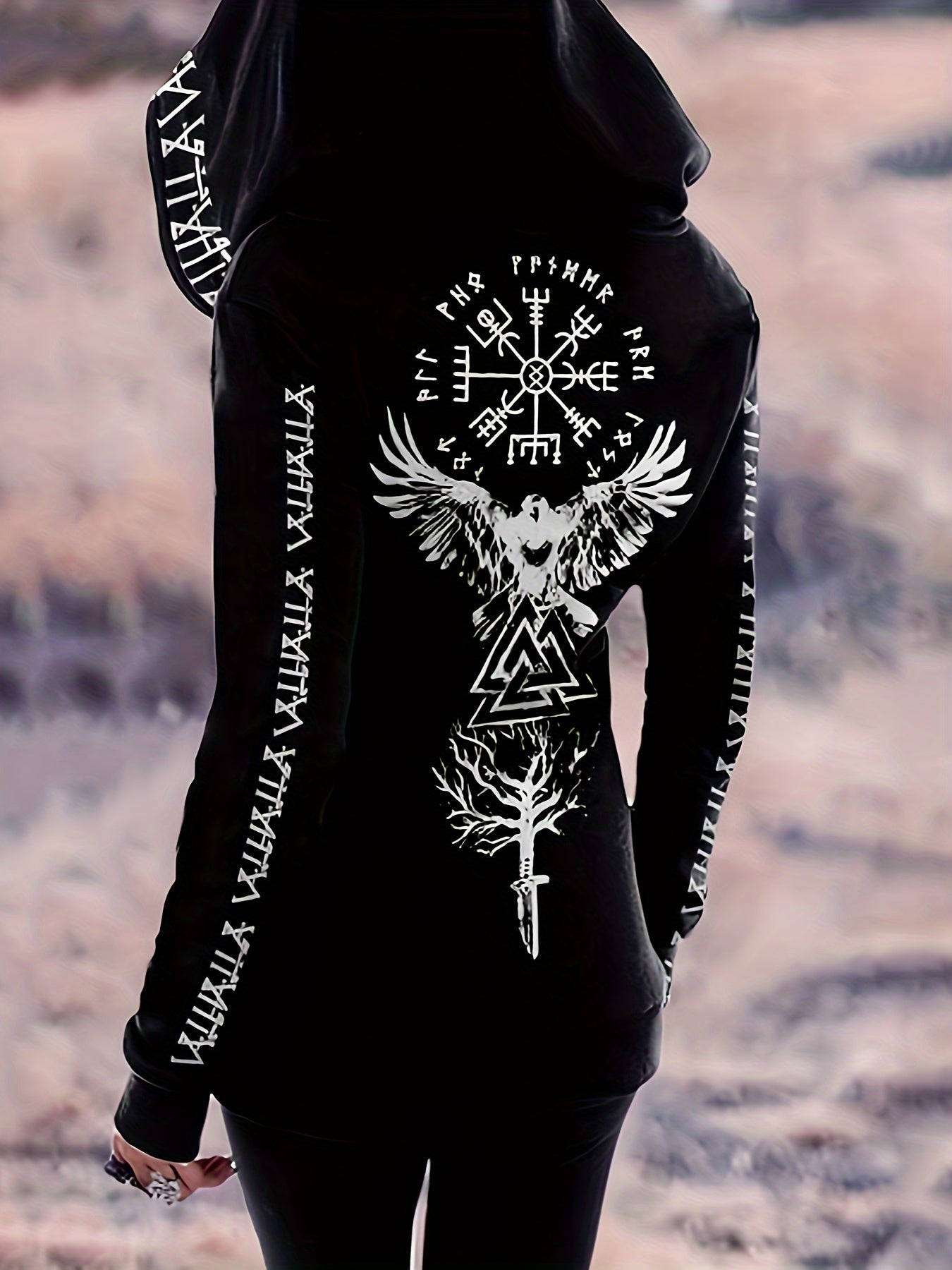 Vintage Gothic Viking Pattern Hoodie for Women, Long Sleeve Zipper Sweatshirt with Drawstring