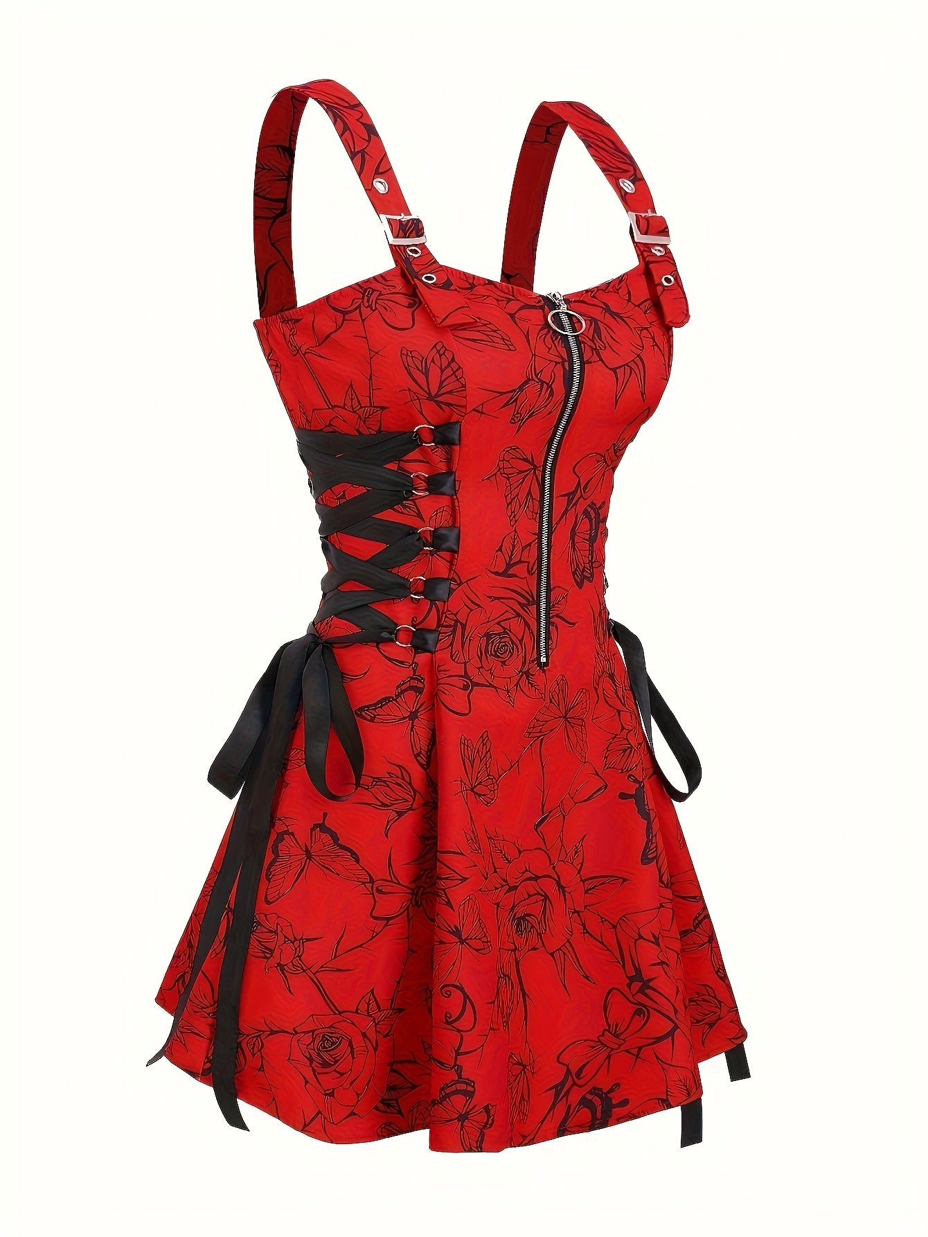 Women's Red Floral Print Off-Shoulder Spaghetti Suspender Dress with Zipper & Buckle Details - Machine Washable Polyester Casual Elegant Spring Summer Outfit, Stylish Daywear, Buckle Front Closure, Intricate Pattern Design