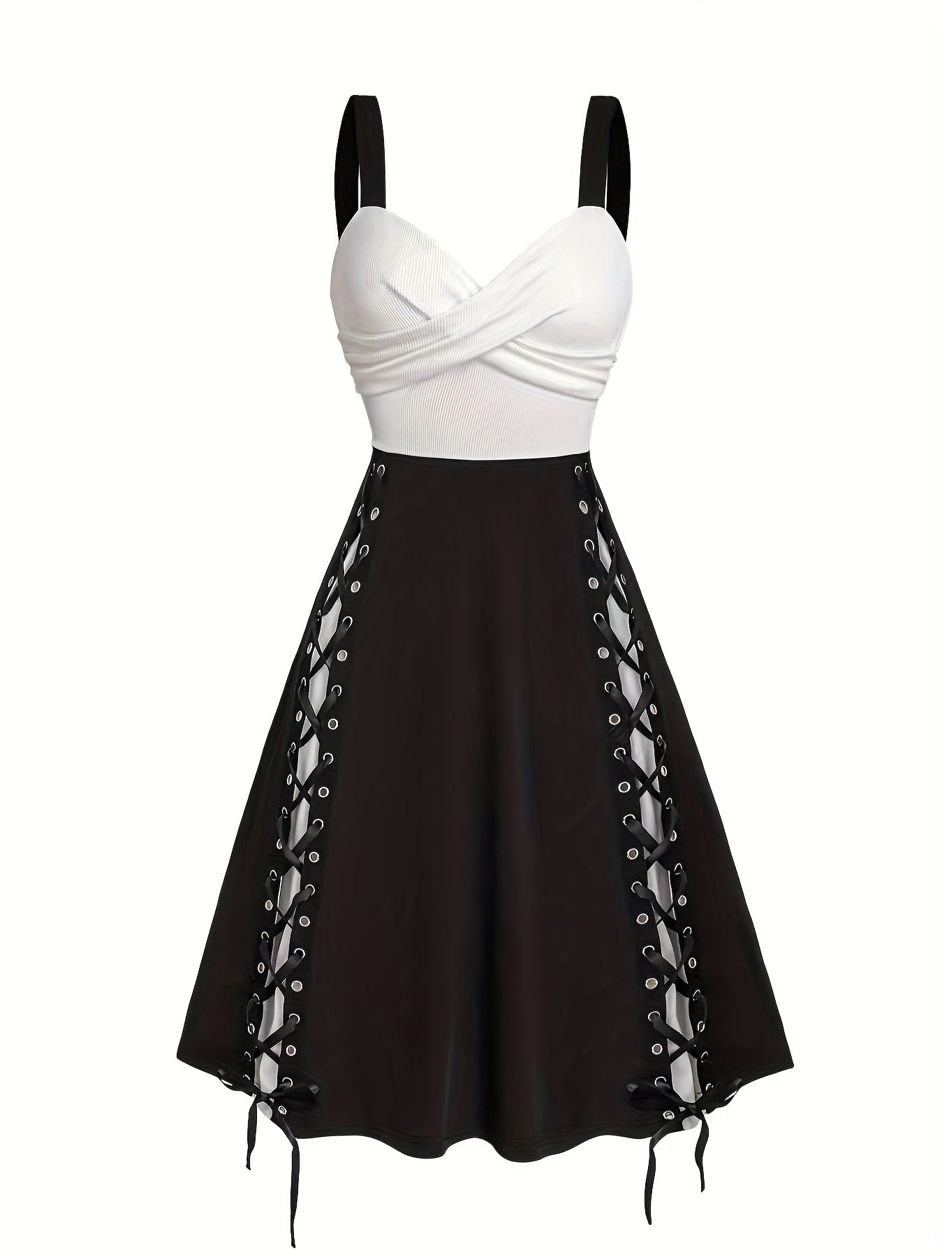 Women's Sexy Color-Block Cross Front Strap Spaghetti Suspender Dress - Stretchy Fitted Top & Flowy Skirt, Machine Washable Black & White Contrast Dress for Spring Summer Fall Casual to Semi-Formal Occasions, Spring Fashion | Halter Neck Dress | Stylish Z
