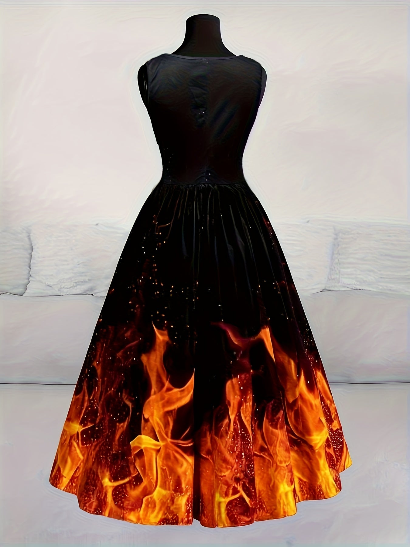 Women'S Halloween Party Dress - Flamingo-like Flame Print in Orange/Red/Black - Formal & Costume Events - Flared Skirt with Waist-Cinching - Retro Gothic Party Outfit for Halloween, Themed Parties - Easy-to-Wear Party Attire, Halloween Costumes, Themed E