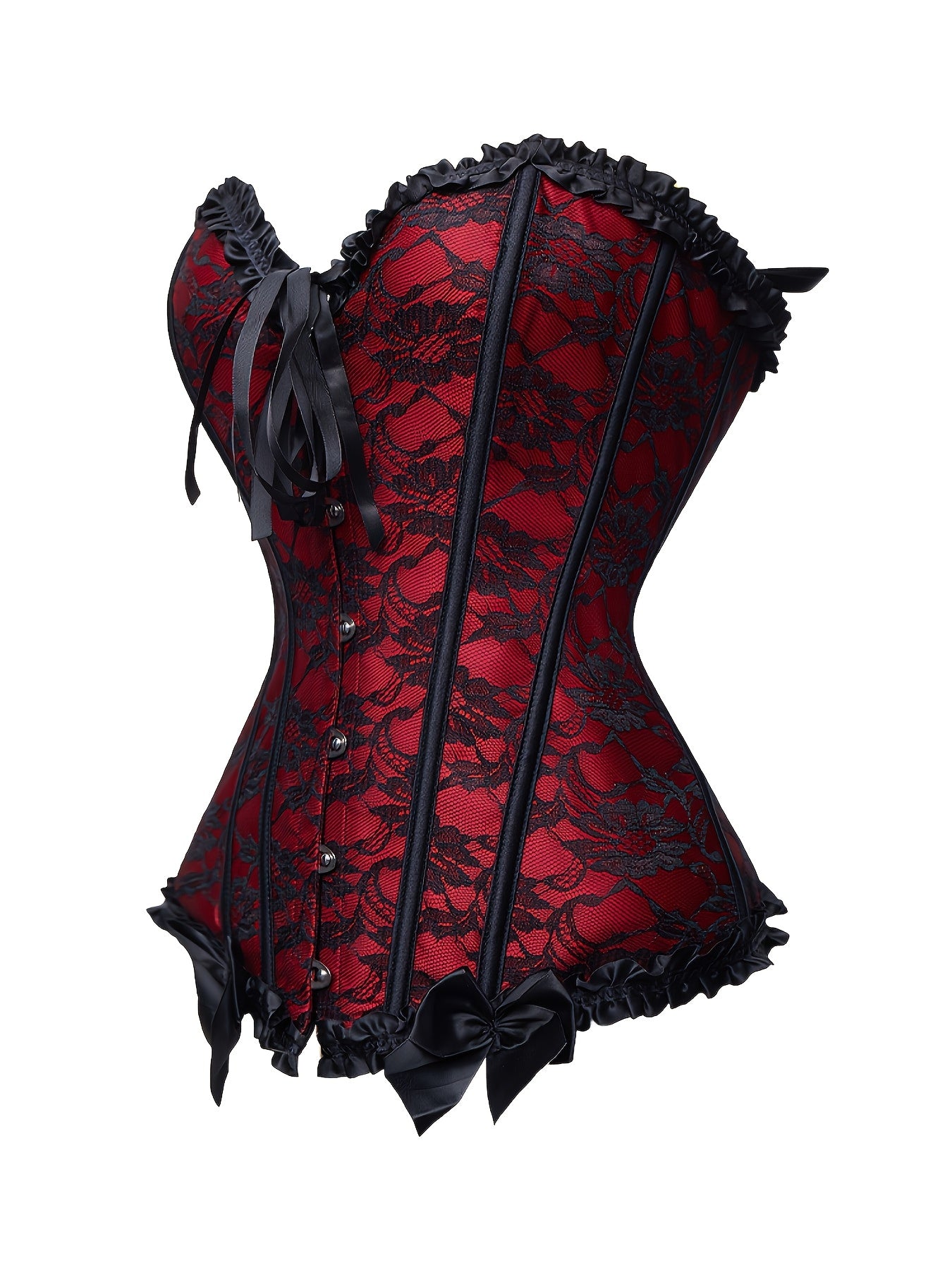 Women's Victorian-Style Burgundy & Black corset top - Lace-like front closure with Ruffled Trim, Boned Bustier Shirt for Waist-Cinching, Gothic/Party/Themed Events - Hand Washable - Vintage-Inspired A-Line Silhouette with Ruffled Neckline & Back Strap -
