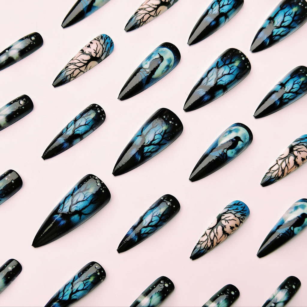 Elegant Magpie & Moonlight Design - 24pcs Long Stiletto Press-On Nails, Glossy Black Mixed Colors, Animal & Plant Motifs for Women
