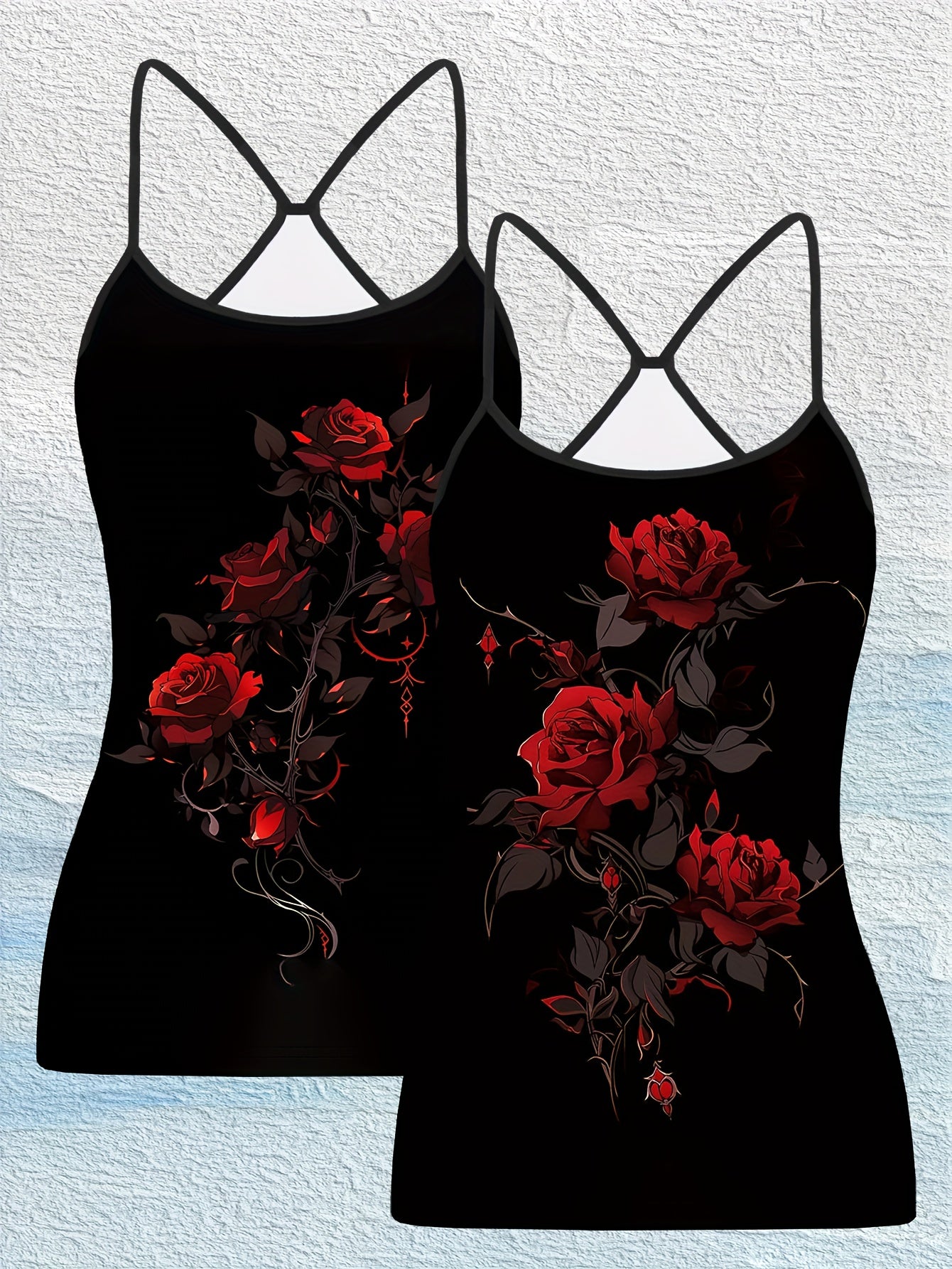 2pcs Women's Elegant Sleeveless Tank Tops - Black Floral Print with Red Roses & Green Leaves, Stretchy Comfort Fit, Round Neck, Machine Washable for Spring Summer Fall Casual & Formal Wear, Ladies Tank Tops, Round Neck Top, Stretchy Fabric
