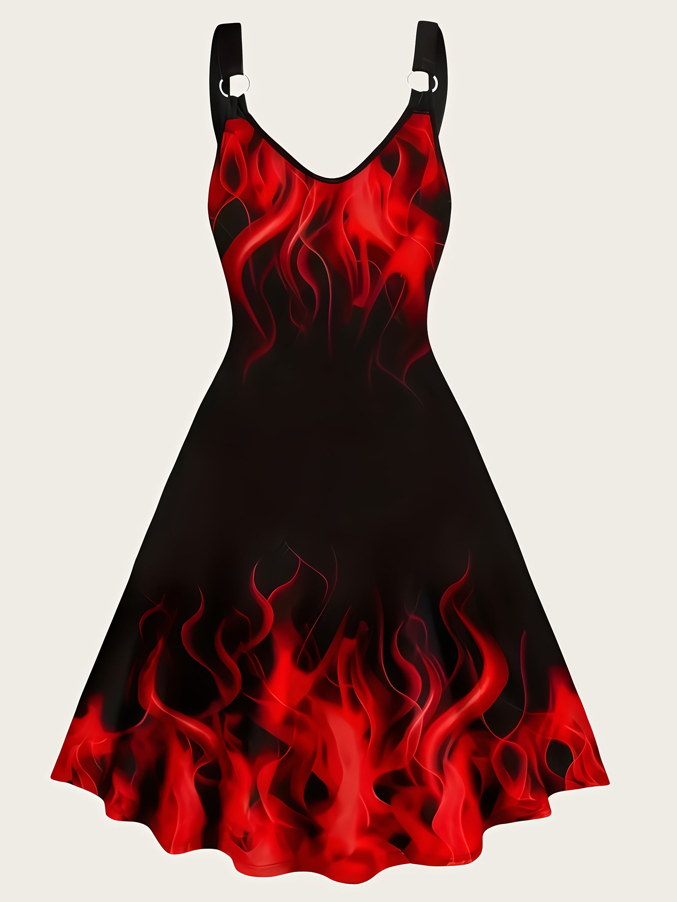 Women's Sexy Flame Print Dress - Spaghetti Strap Party & Everyday Outfit - Black to Red Ombre Fire Pattern - Machine Washable Formal or Casual Evening Dress